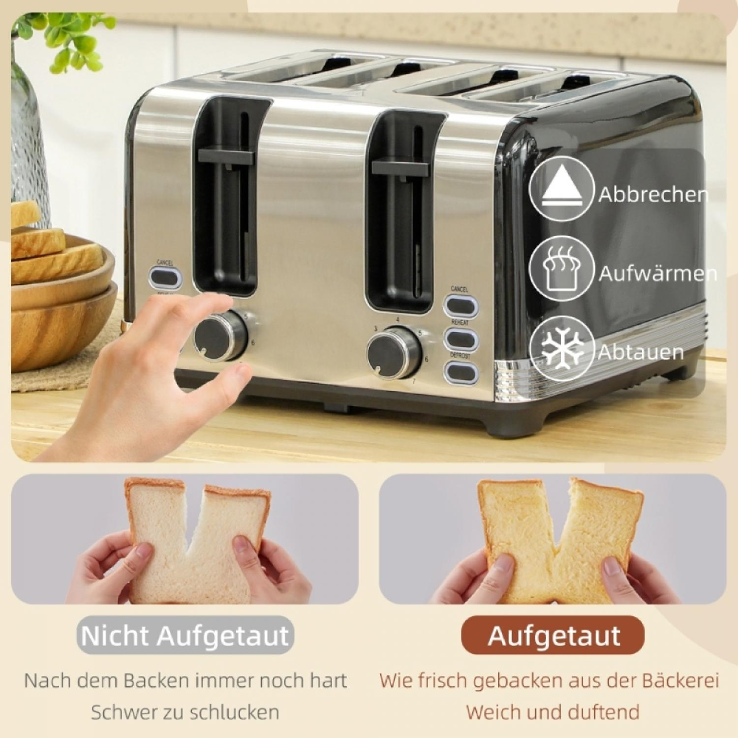 Ein Toaster mit Toastscheiben, die unterschiedliche Bräunungsgrade zeigen.