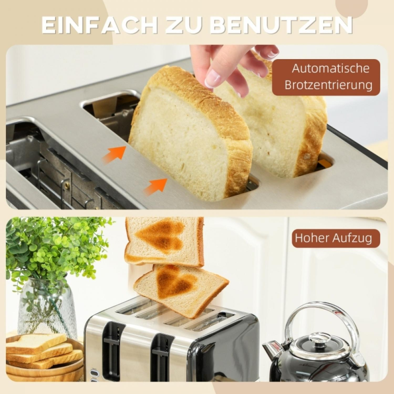 Ein Toaster mit Brot und einer Teekanne. Oberseite zeigt Brot, das eingelegt wird.