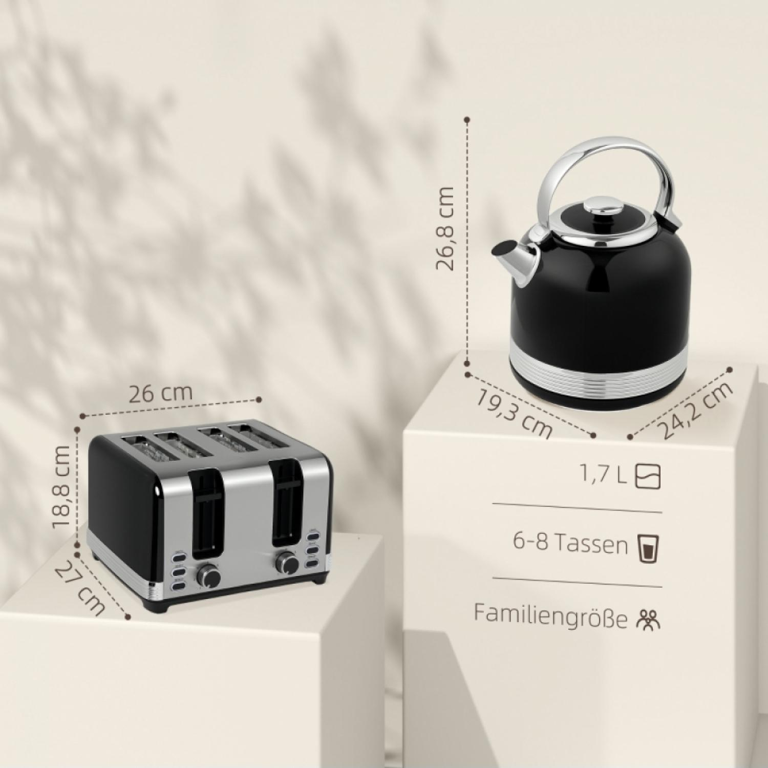 Ein schwarzer Wasserkocher und ein silberner Toaster auf weißen Podesten mit Maßen.