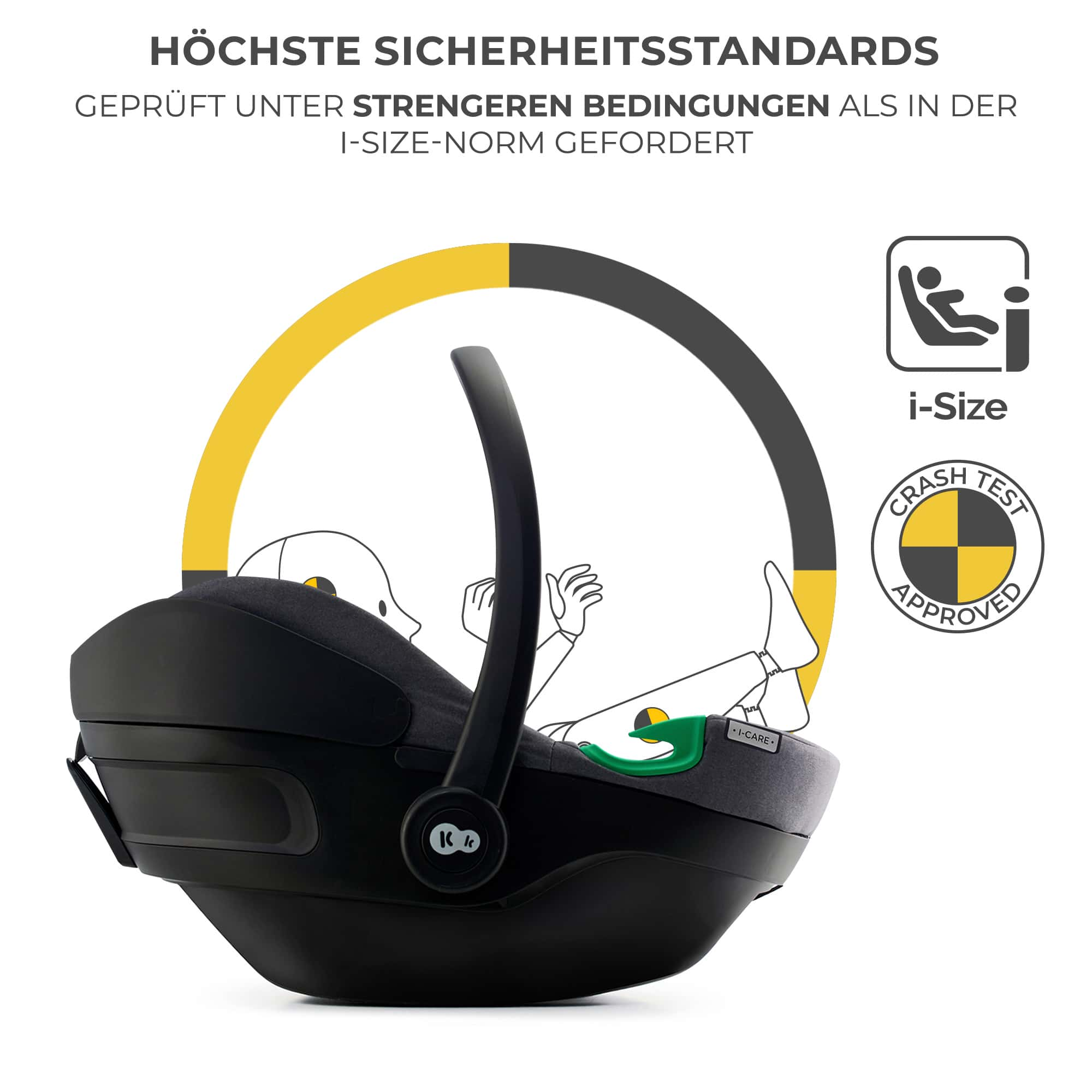 Schwarze Babyschale mit i-Size und Crash-Test-Siegel.