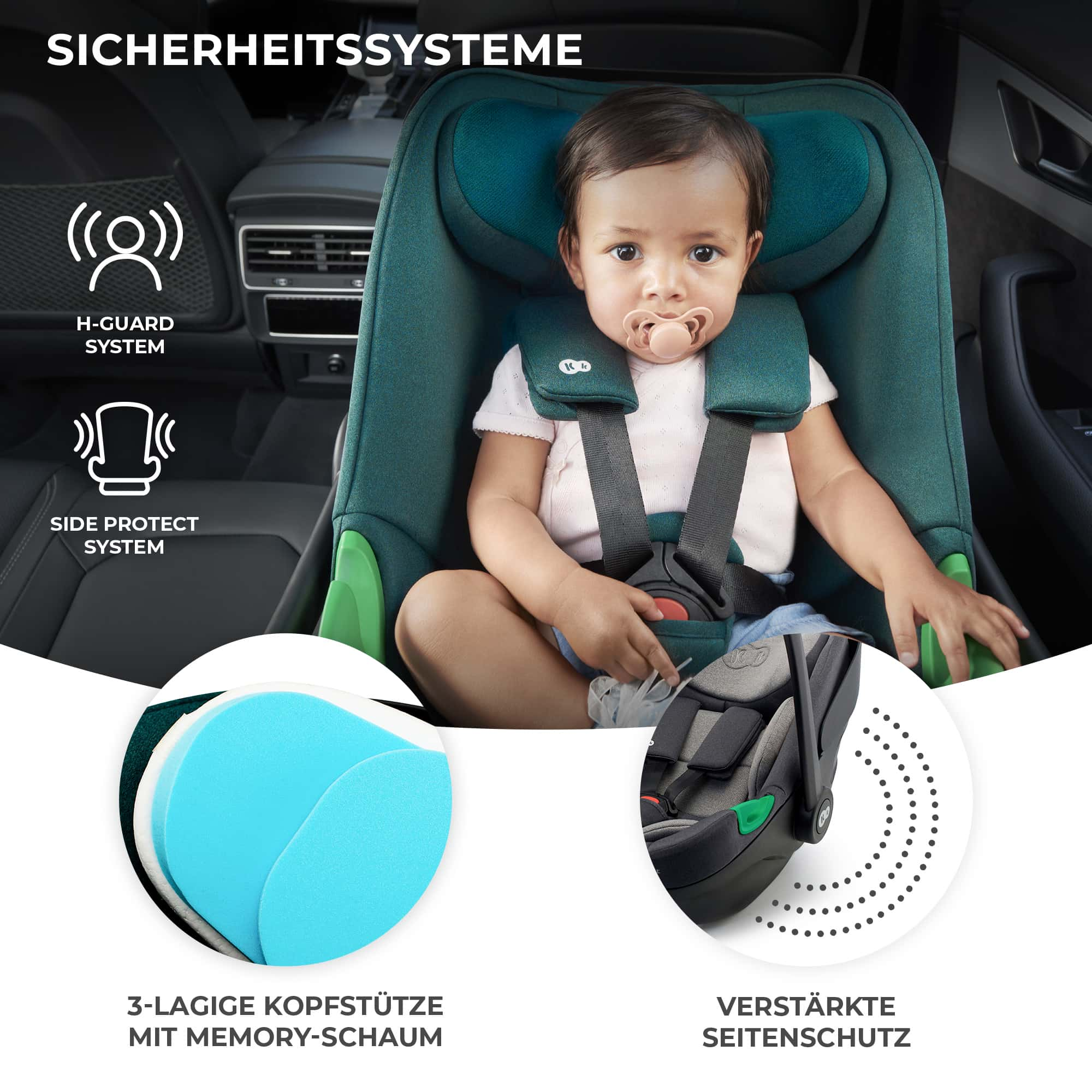 Baby im Kindersitz mit H-Guard und Seiten-Protekt-System. Kopfstütze mit Memory-Schaum.