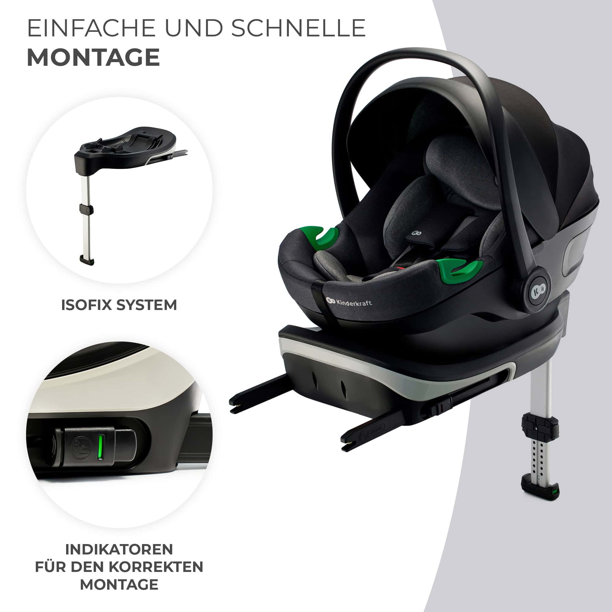 Schwarzer Kindersitz mit Isofix-Basis und Anzeige für korrekte Montage.