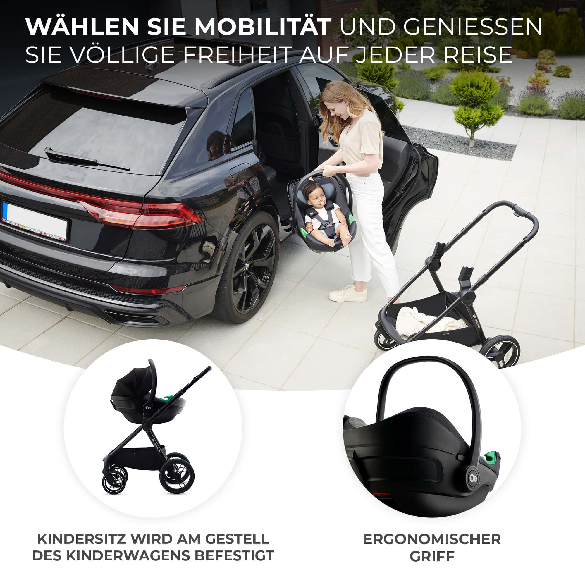 Frau setzt Babyschale in schwarzen SUV. Kinderwagen und Babyschale gezeigt.