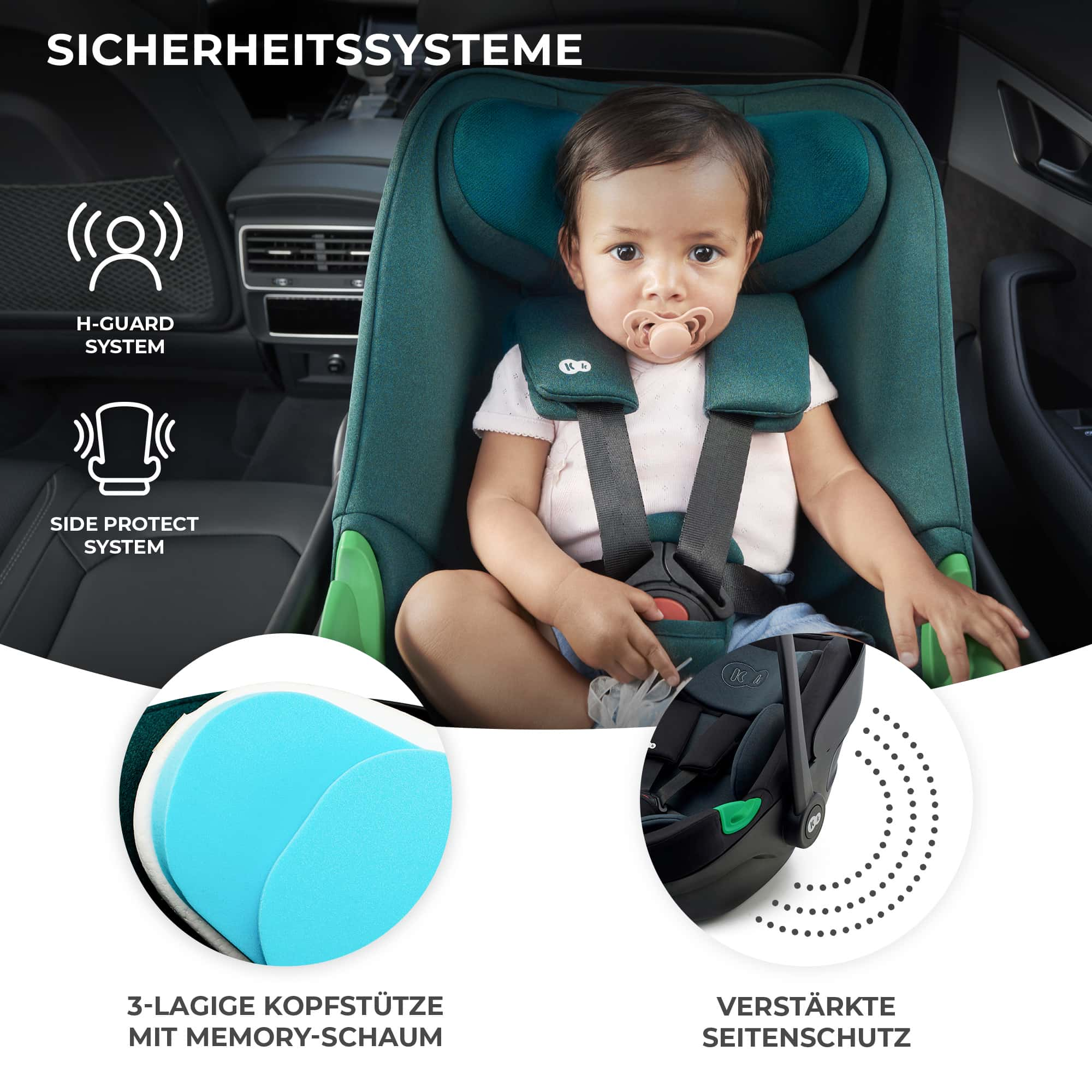 Baby im Kindersitz mit "H-Guard" und "Side Protect" System.