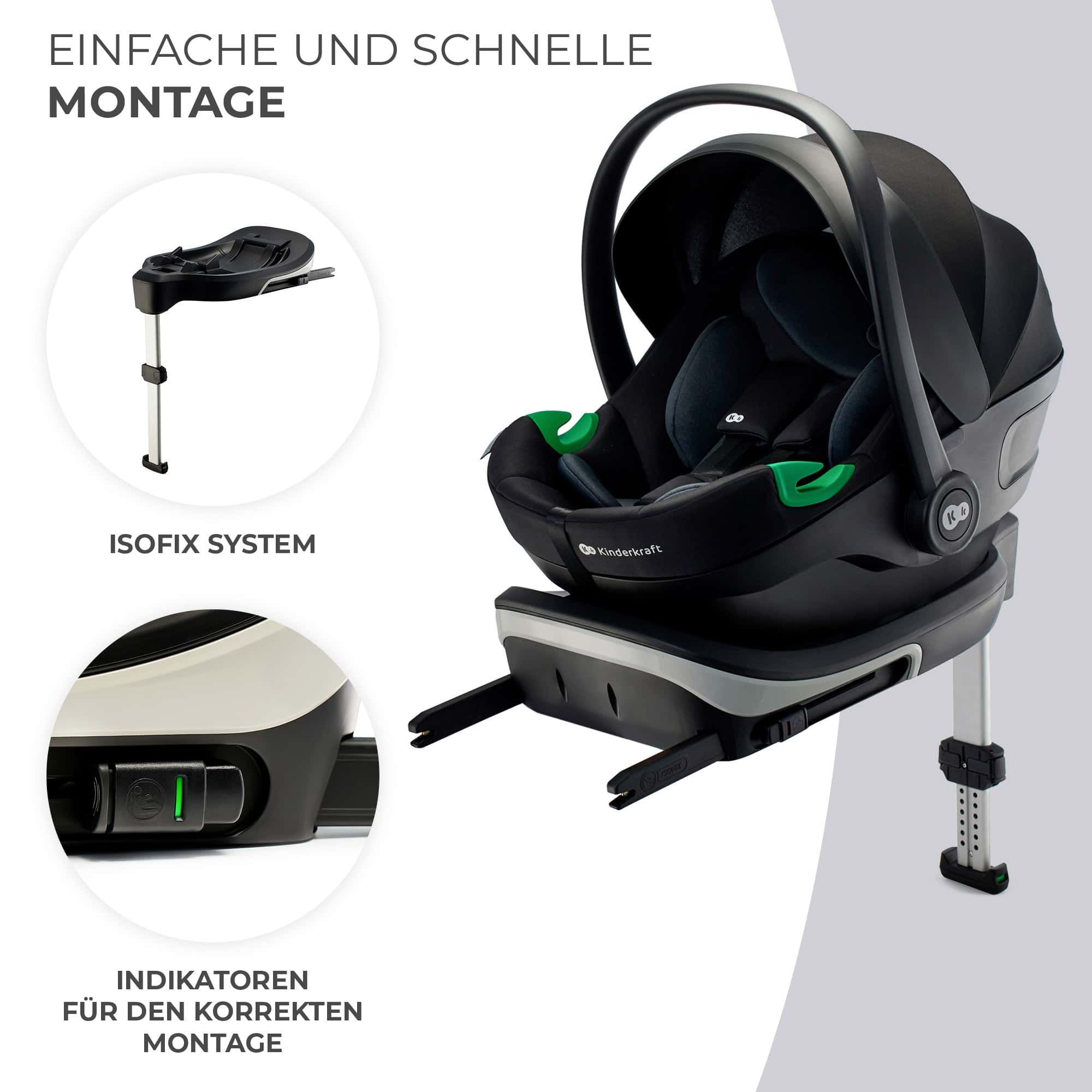 Schwarze Babyschale auf ISOFIX-Basis mit grünen Akzenten und Indikatoren.