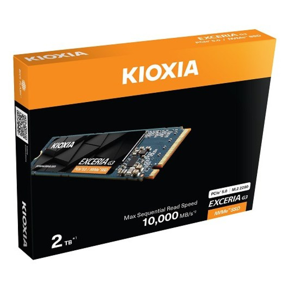 Dysk SSD Kioxia Exceria G3 2TB NVMe na czarnym opakowaniu z pomarańczową pokrywą.