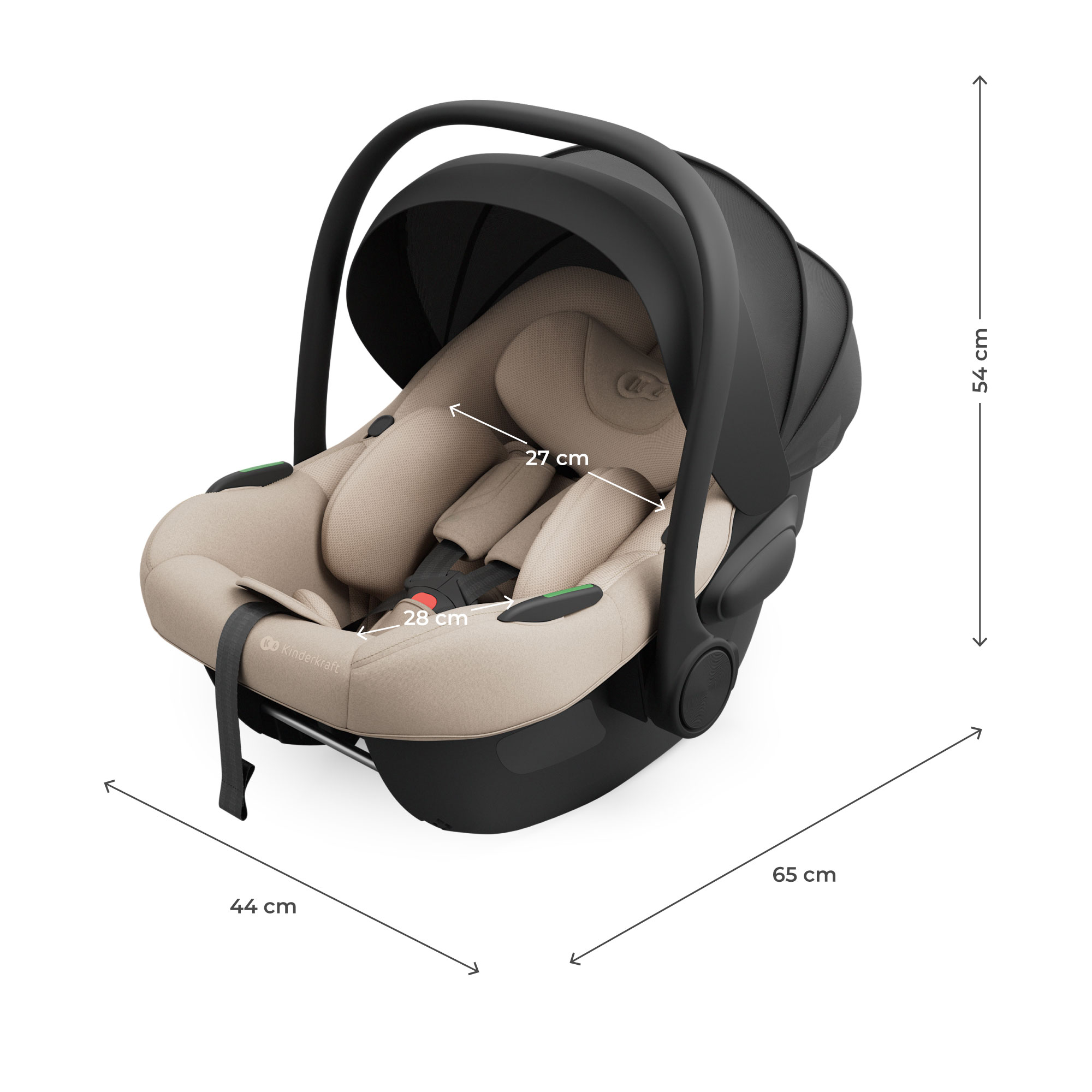 Schwarzer Kindersitz mit beige Polsterung, Maße 44x54x65 cm.