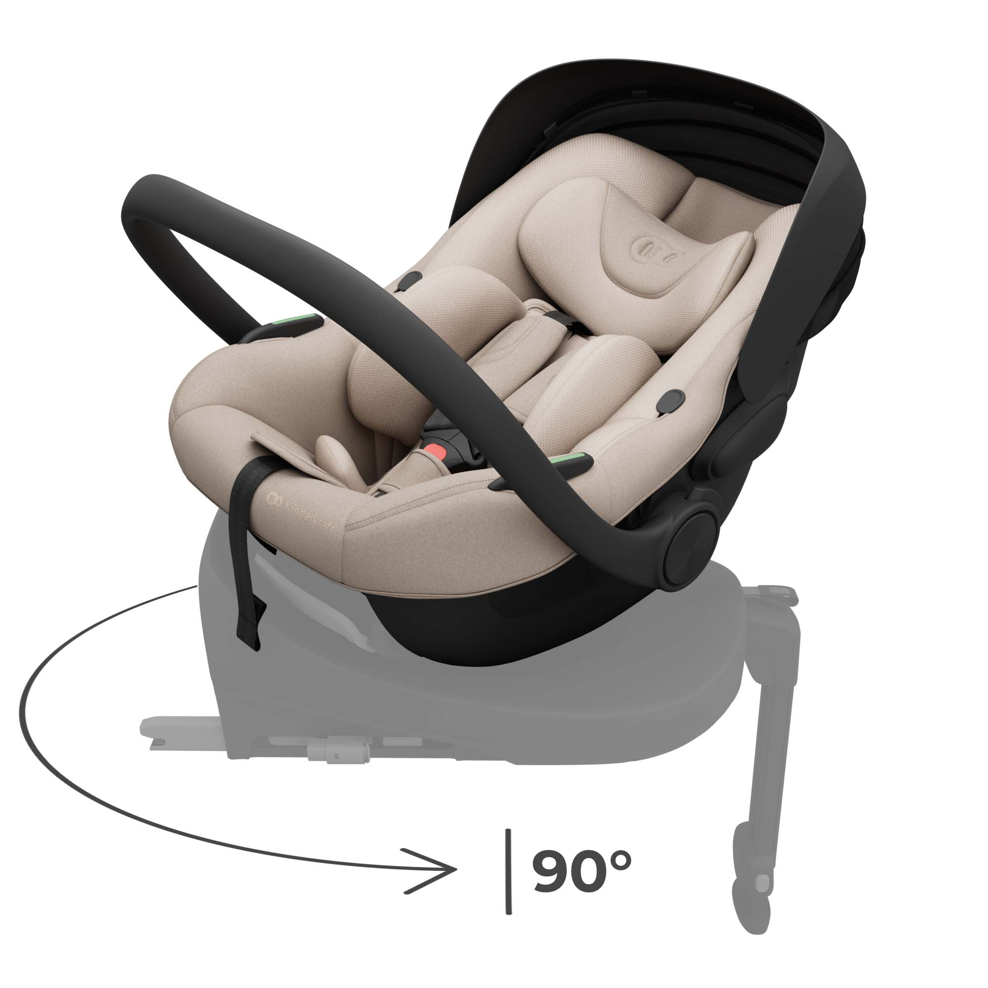 Beige Babyschale mit schwarzem Griff und Basis, 90 Grad Symbol.