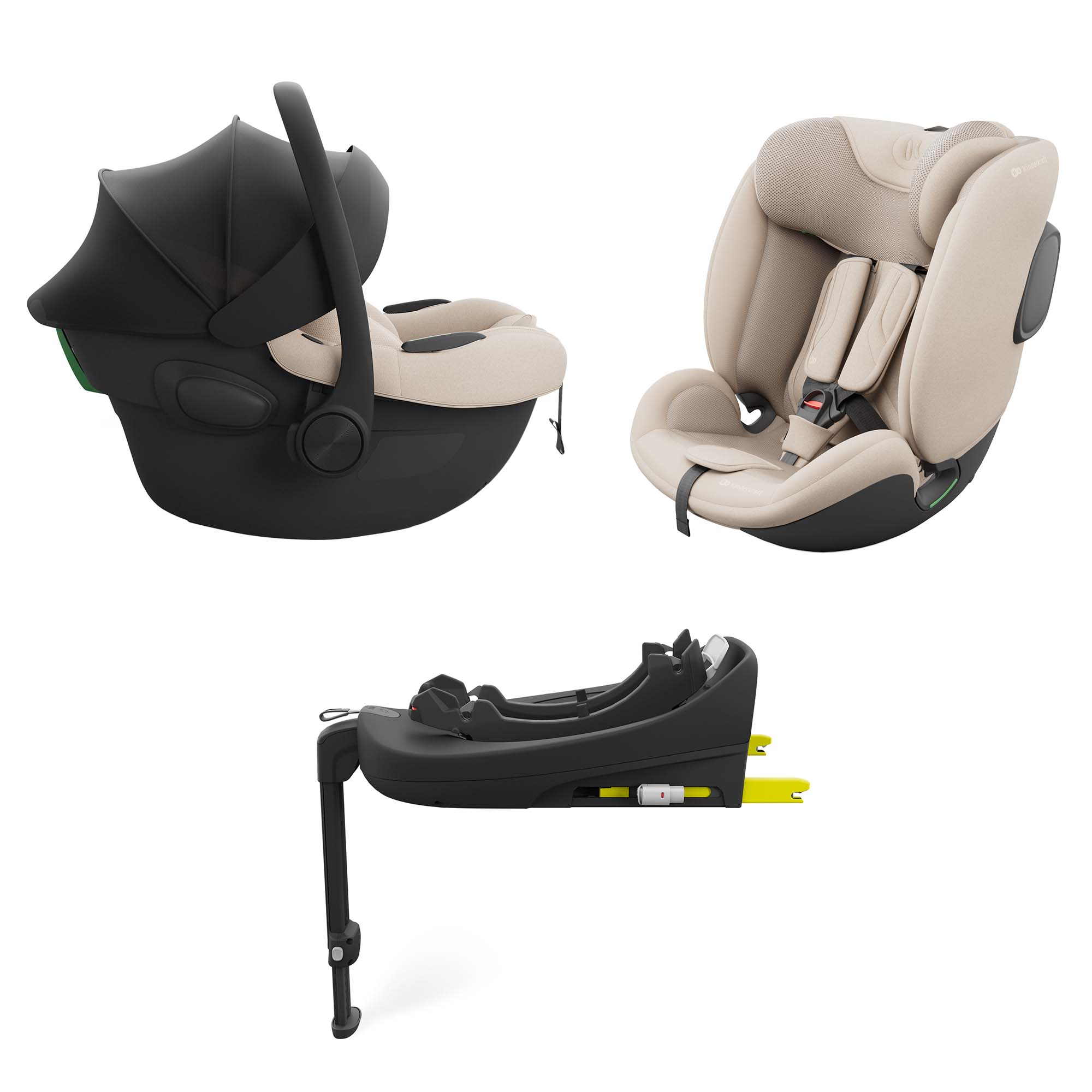 Dreiseitige Ansicht eines beige-schwarzen Kindersitzes mit Basis.