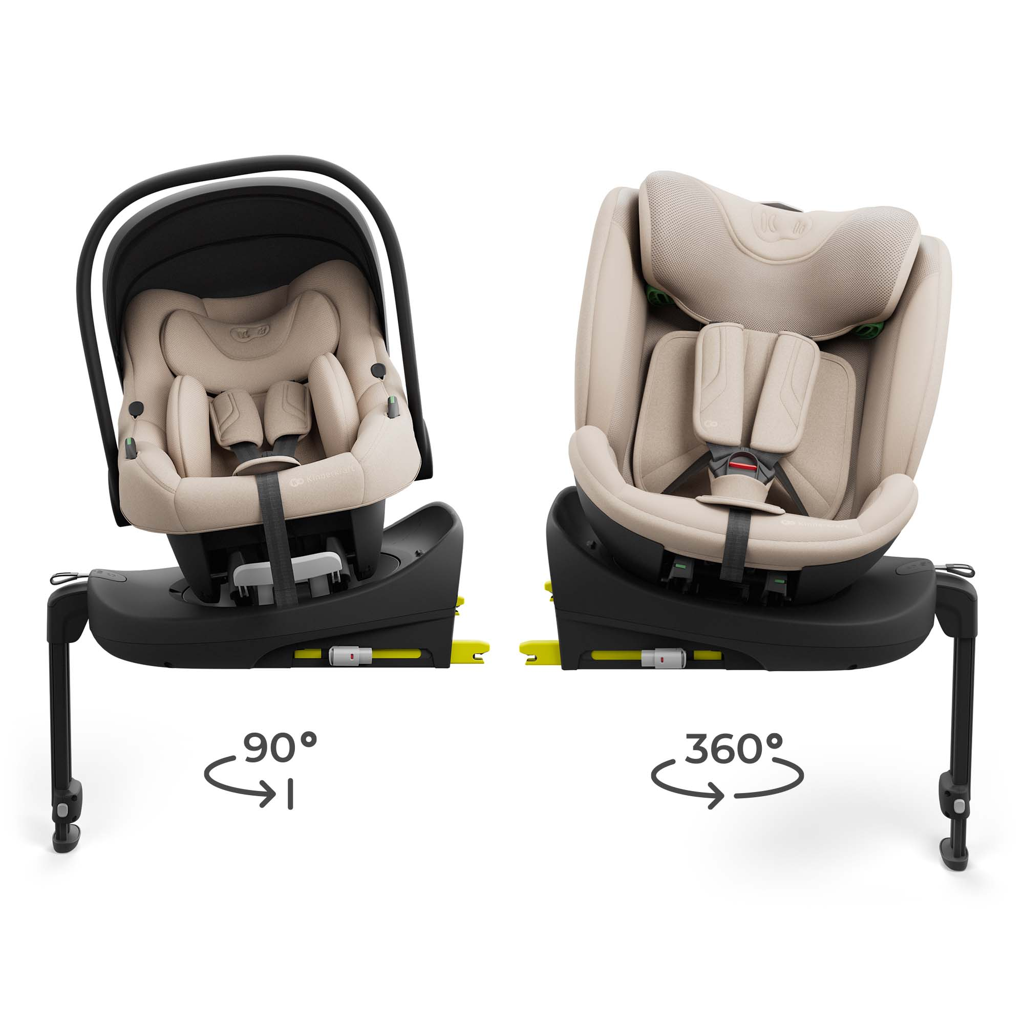 Zwei beige Kindersitze auf schwarzen Basen, 90° und 360° Drehung angezeigt.