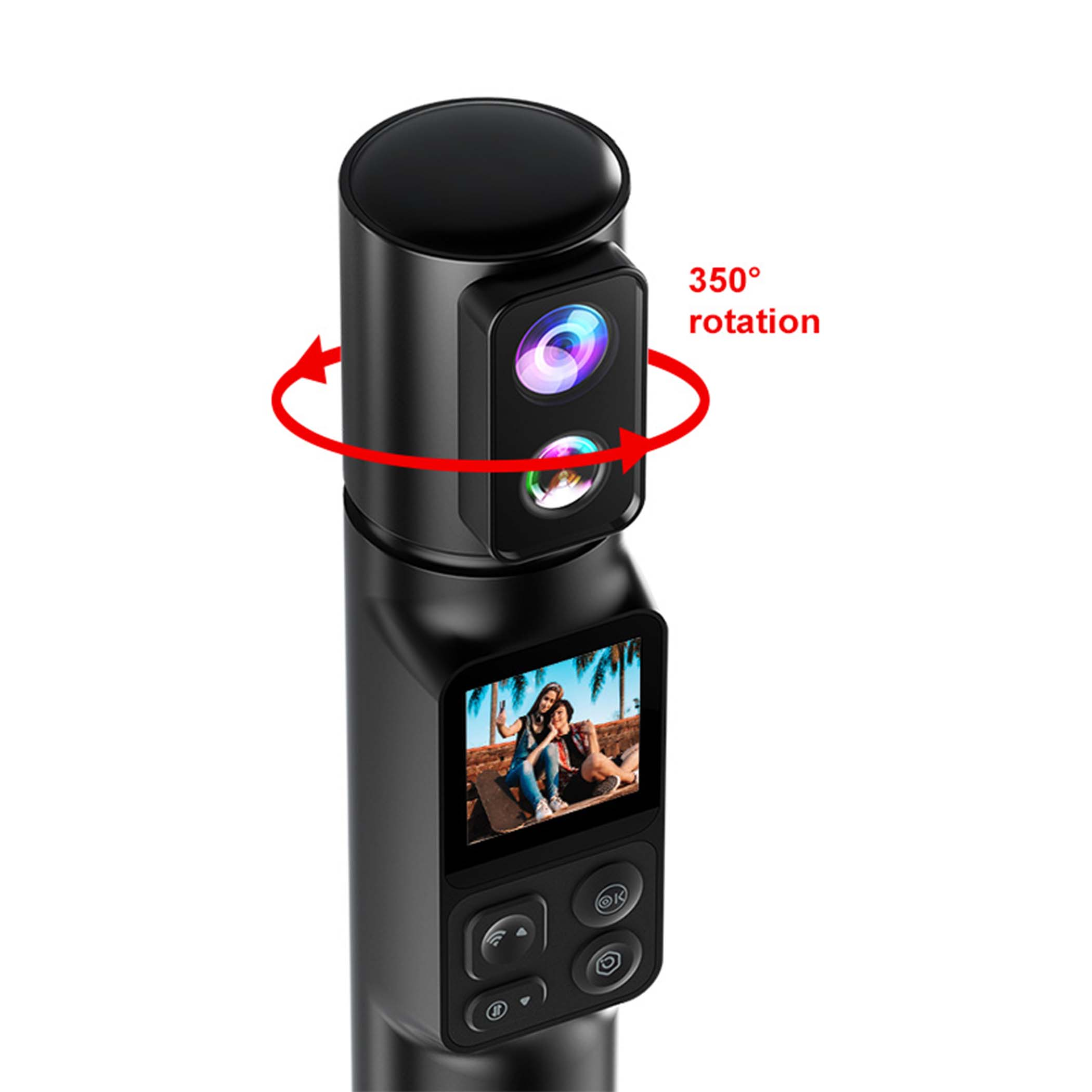 Czarny gimbal z dwiema kamerami, ekranem i czerwonymi strzałkami wskazującymi obrót o 350°.
