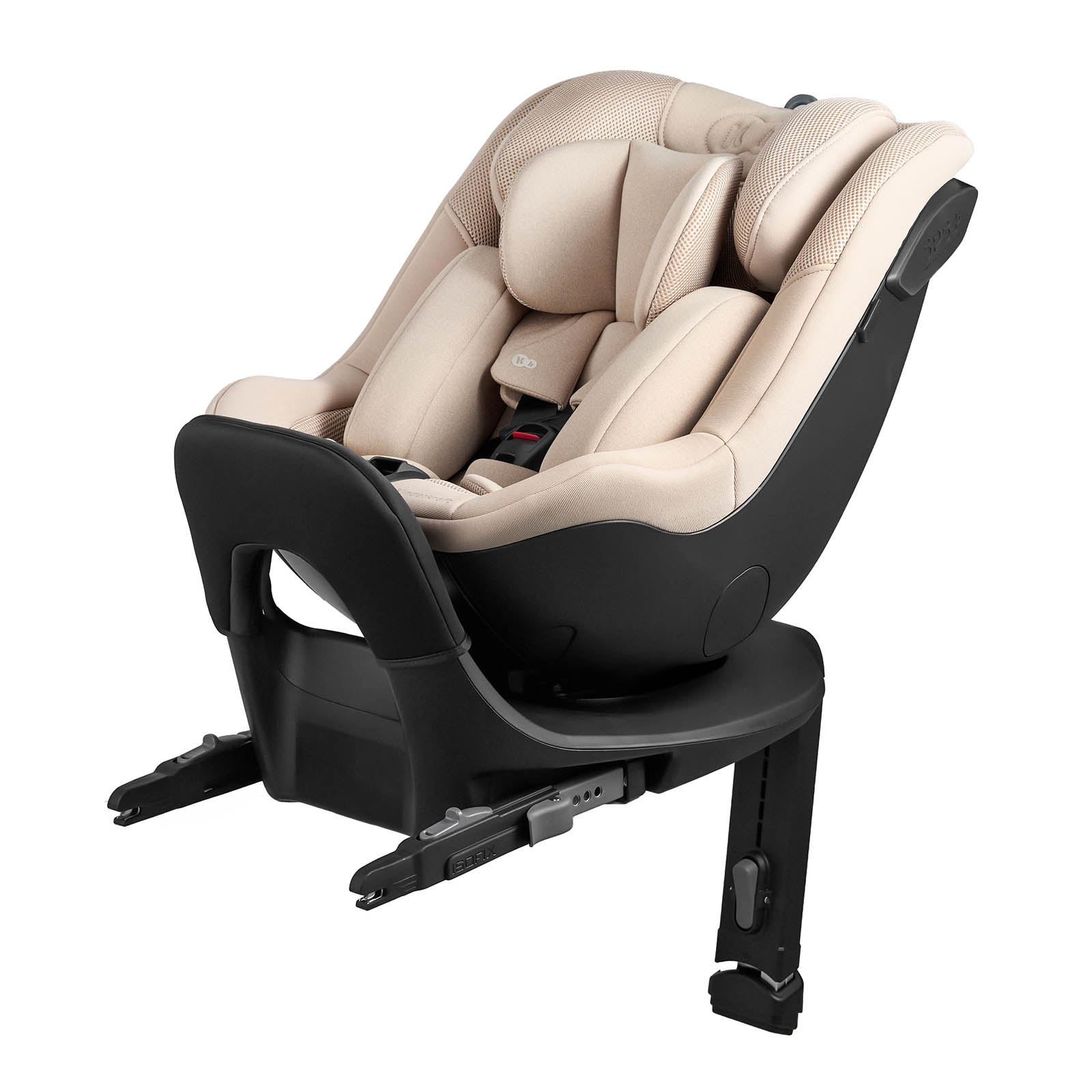 Ein beiger Kindersitz mit schwarzer Basis und ISOFIX-Haken.