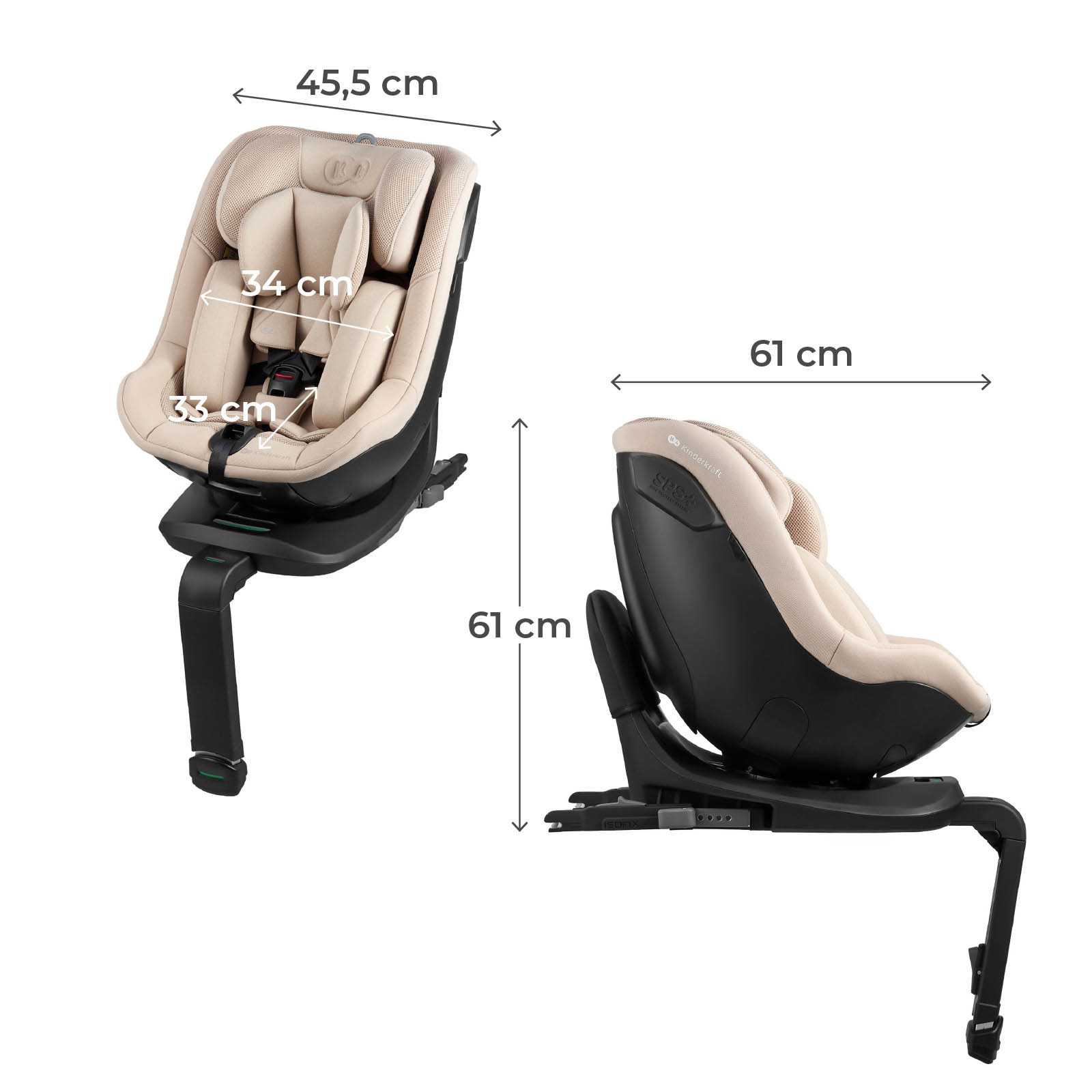 Beige Kindersitz mit schwarzen Elementen und Maßangaben.