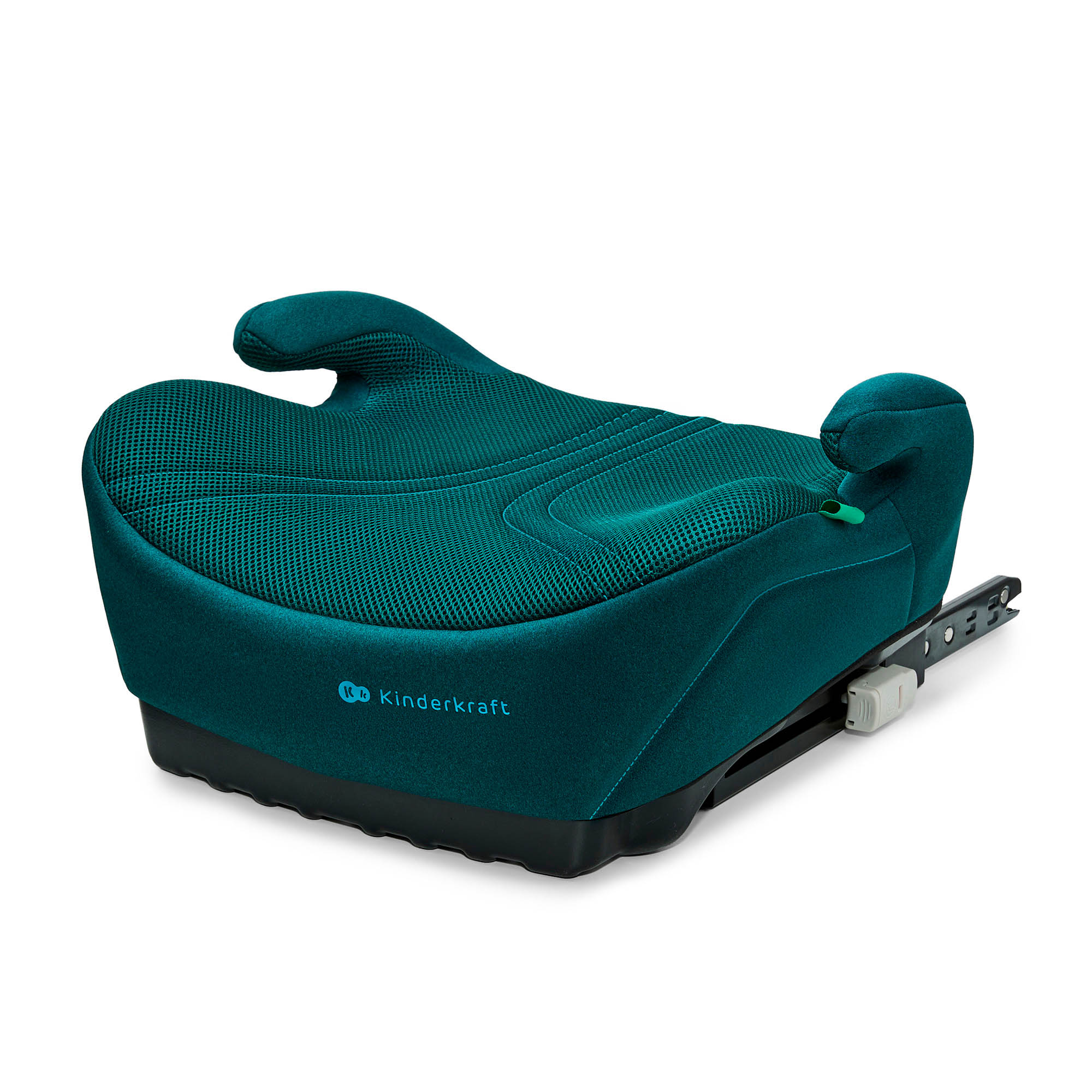 Türkiser Kindersitz-Booster mit Kopfstützen und Isofix-Befestigung.