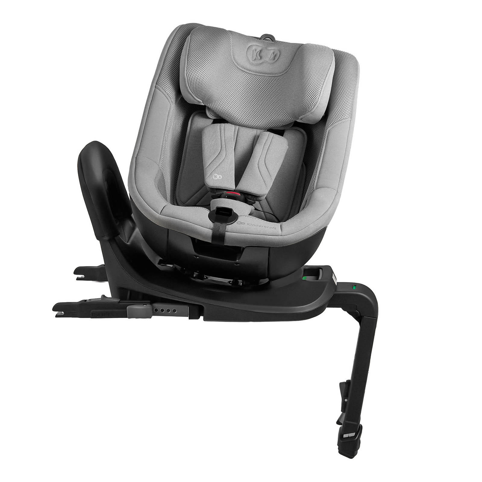 Grauer Kindersitz mit schwarzer Basis und verstellbarer Kopfstütze.