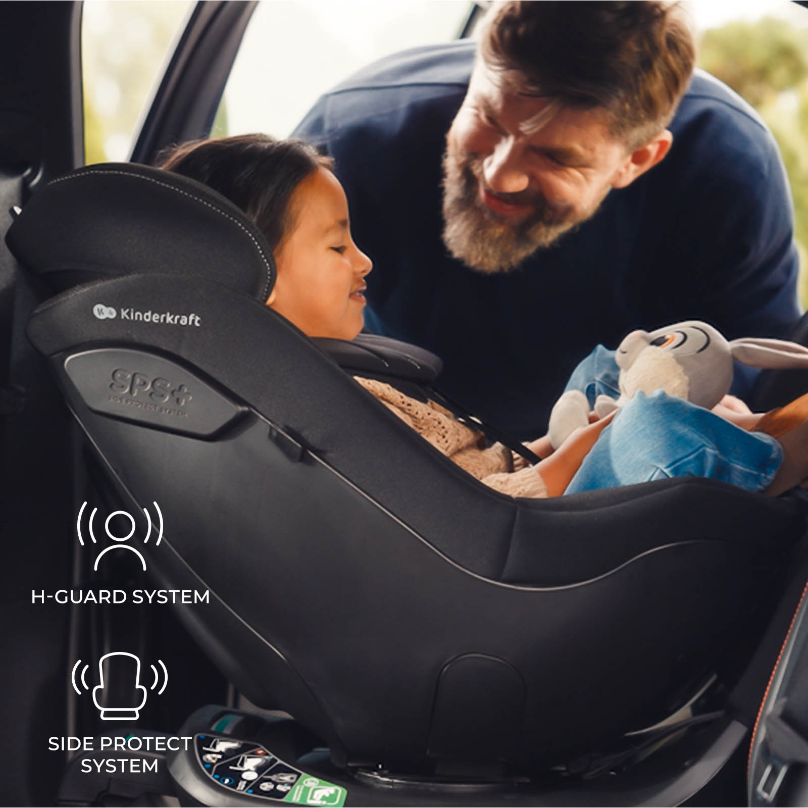Ein Vater lächelt seine Tochter in einem Kindersitz an, die einen Plüschhasen hält.