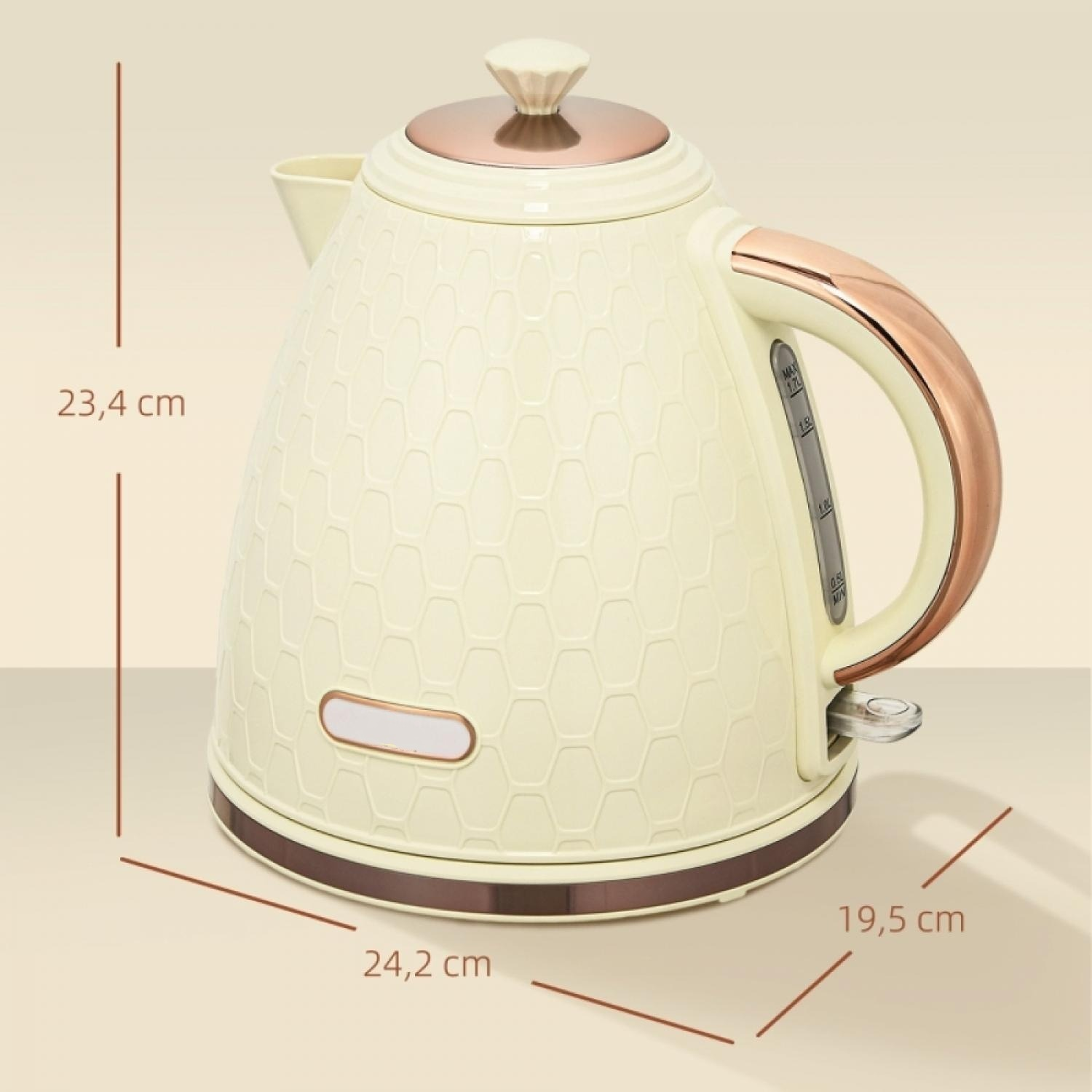 Creme-farbener Wasserkocher mit Honigwabenmuster, Kupferdetails und Maßen.