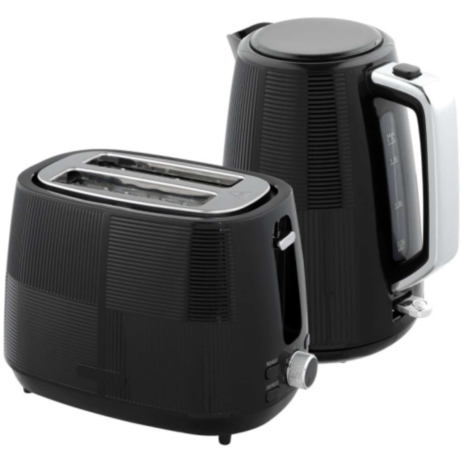 Schwarzer Toaster und Wasserkocher mit geriffeltem Muster.