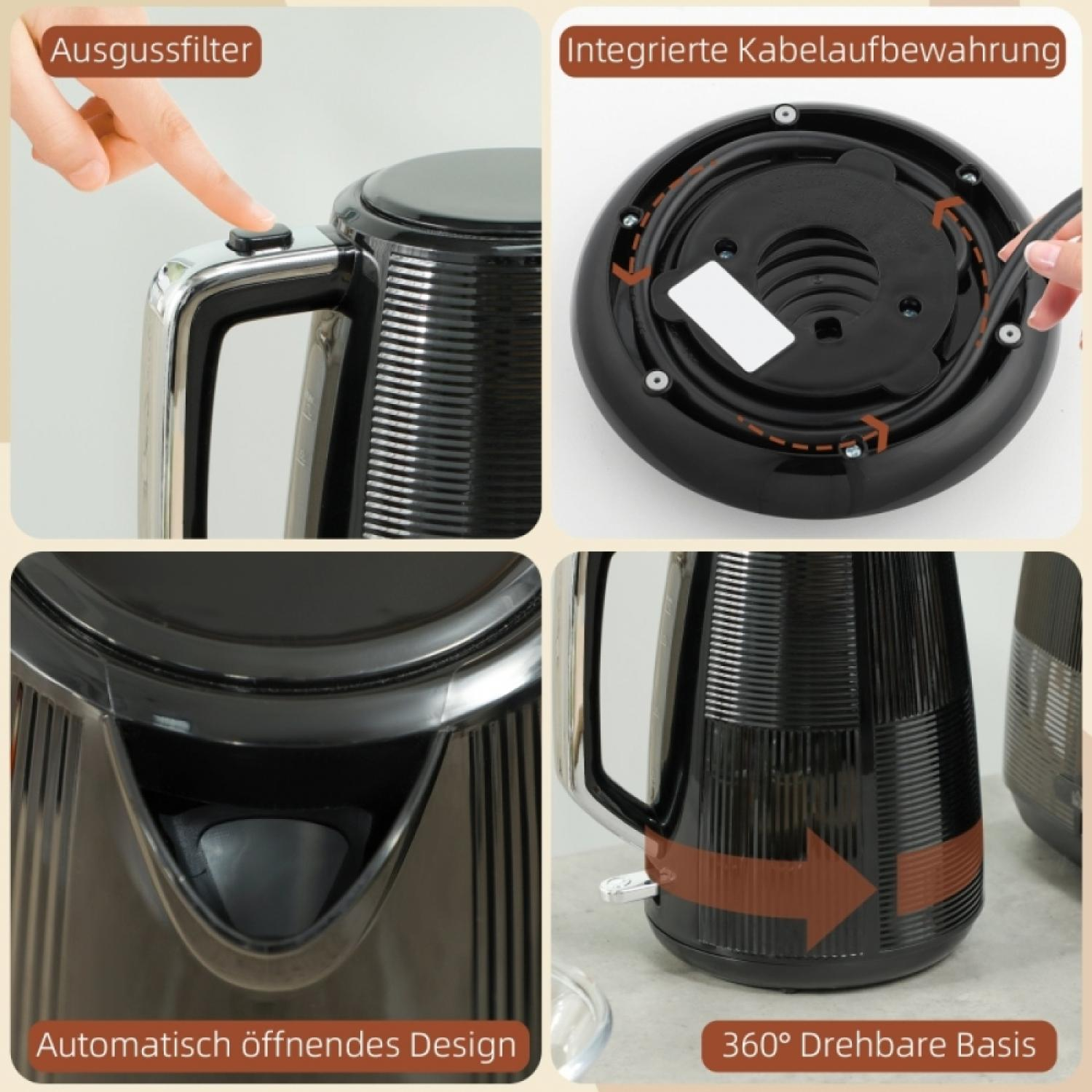 Ein moderner Wasserkocher mit vier detaillierten Ansichten: Ausgussfilter, Kabelaufbewahrung, automatisches Öffnen und 360°-Basis.