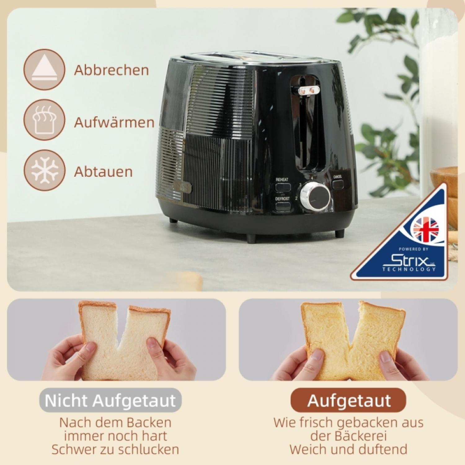Schwarzer Toaster mit Toastscheiben. Links: hart, rechts: weich.