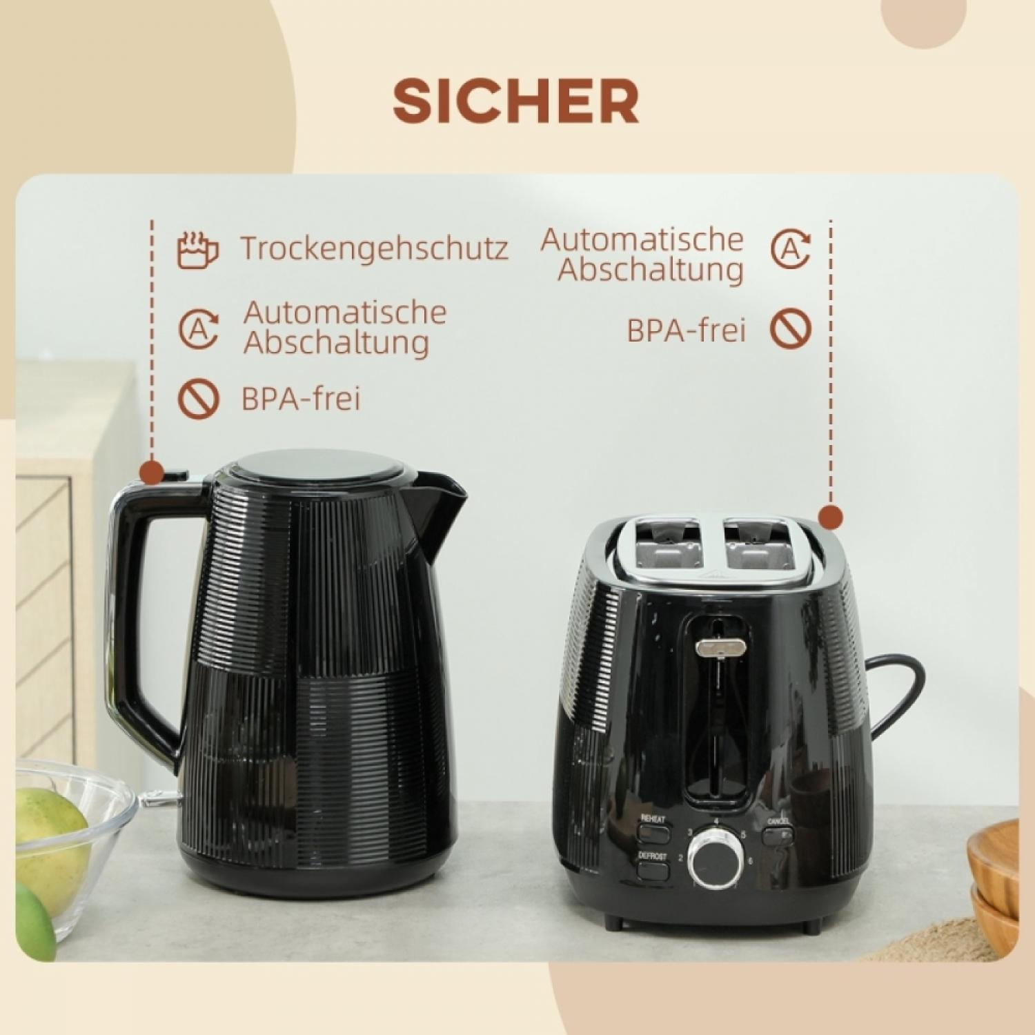 Ein schwarzer Wasserkocher und ein Toaster stehen nebeneinander auf einer Arbeitsplatte.