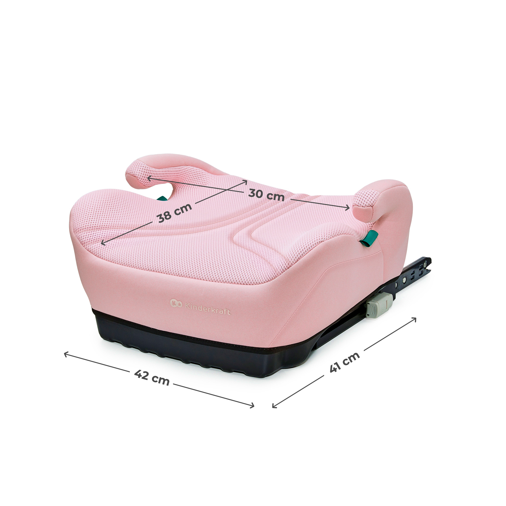 Ein rosa Kindersitz-Booster mit Abmessungen von 38x30x41x42 cm.