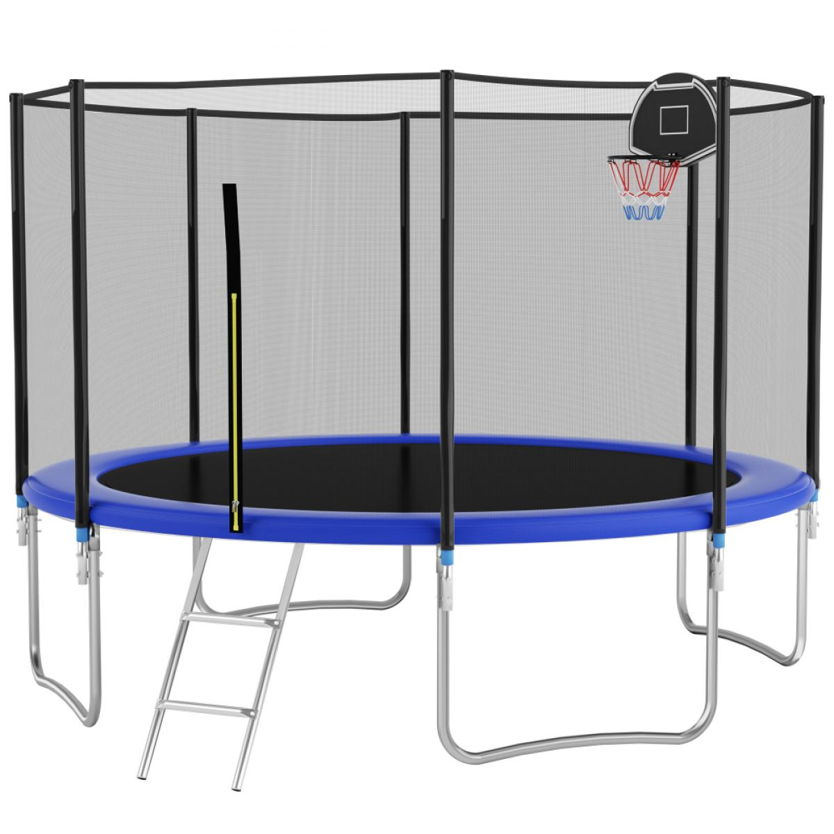 Trampolin mit Sicherheitsnetz, Leiter und Basketballkorb.