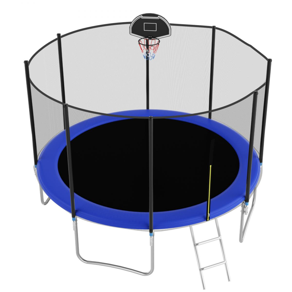 Trampolin mit Basketballkorb, Sicherheitsnetz und Leiter auf weißem Hintergrund.