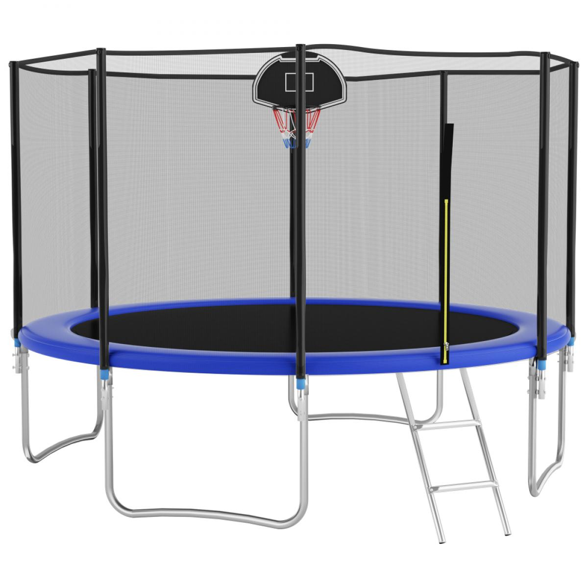 Trampolin mit Sicherheitsnetz, blauem Rand, Basketballkorb und Leiter.