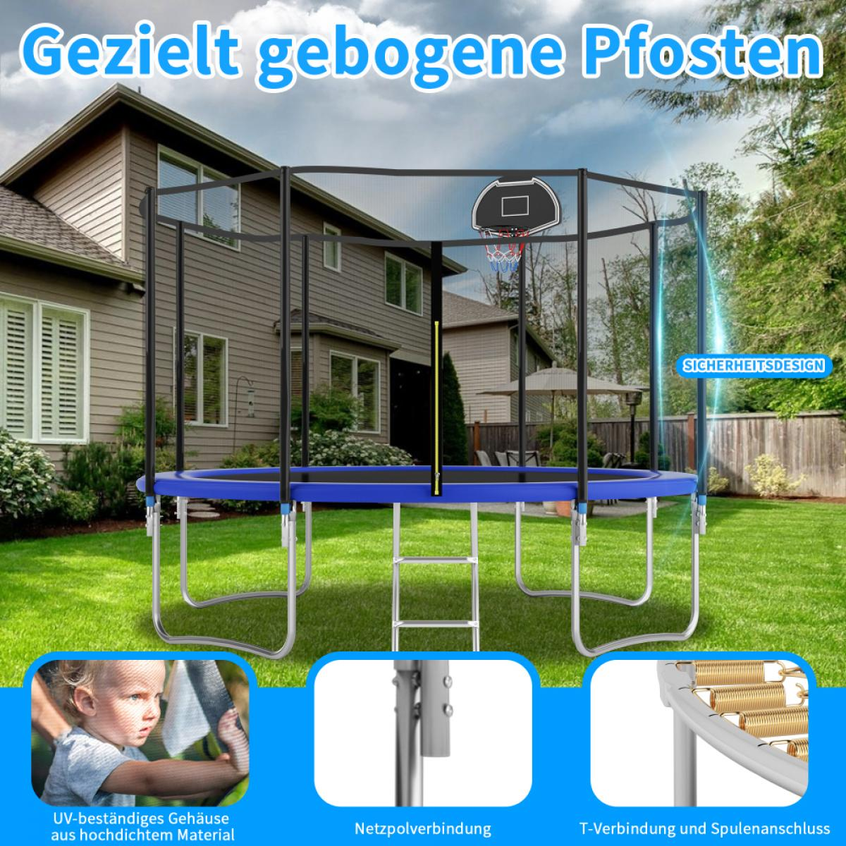 Trampolin mit Basketballkorb im Garten, mit Nahaufnahmen von Details.