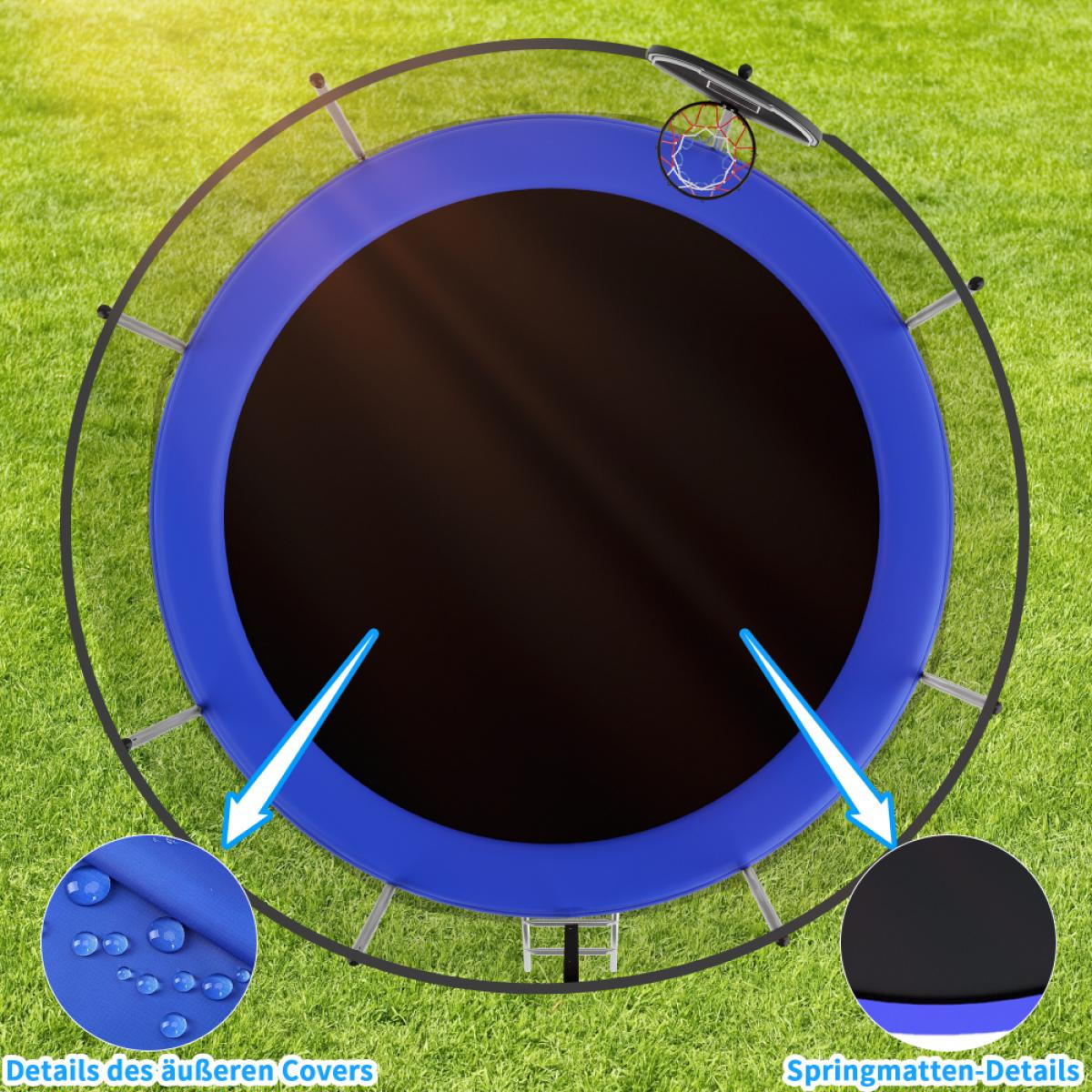 Trampolin mit blauem Rand, Basketballkorb und Wassereffekten auf der Oberfläche.