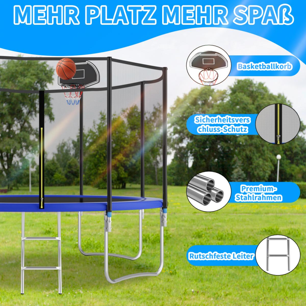 Trampolin mit Basketballkorb, Sicherheitsnetz, Stahlrahmen und Leiter im Freien.