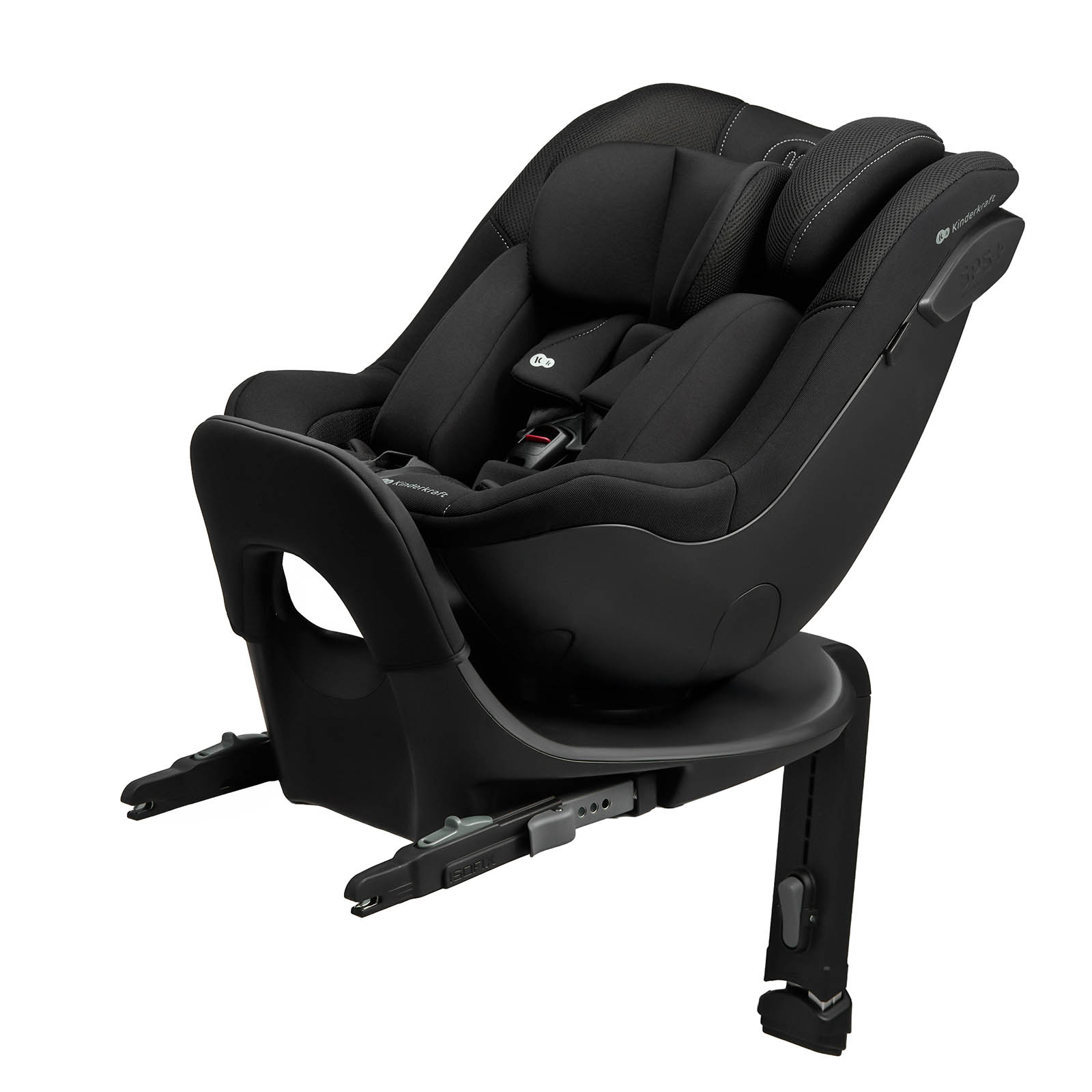 Schwarzer Kindersitz mit Kopfstütze, Gurten und ISOFIX-Basis.
