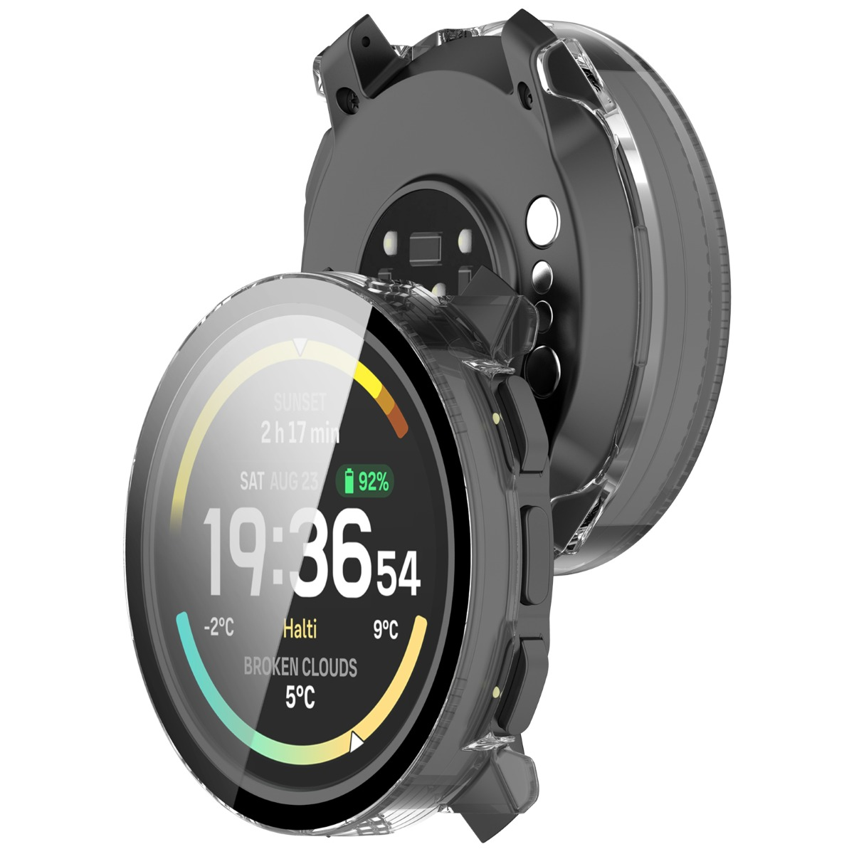 Uno smartwatch con custodia trasparente mostra ora 19:36, data, meteo, batteria.