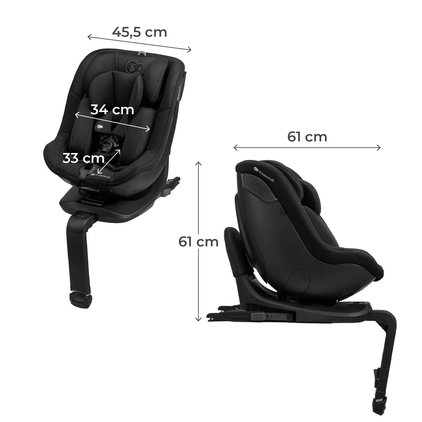 Schwarzer Kindersitz mit Maßen: 45,5 cm Breite, 34 cm und 33 cm Tiefe, 61 cm Höhe.