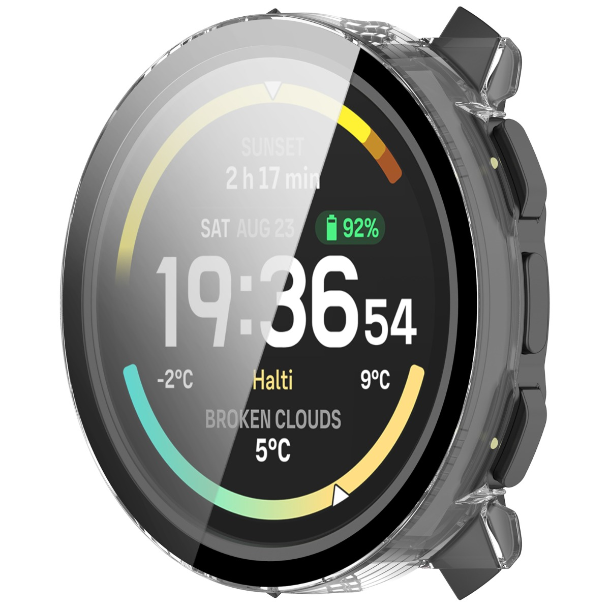 Uno smartwatch con display scuro che mostra ora, data, batteria e meteo.