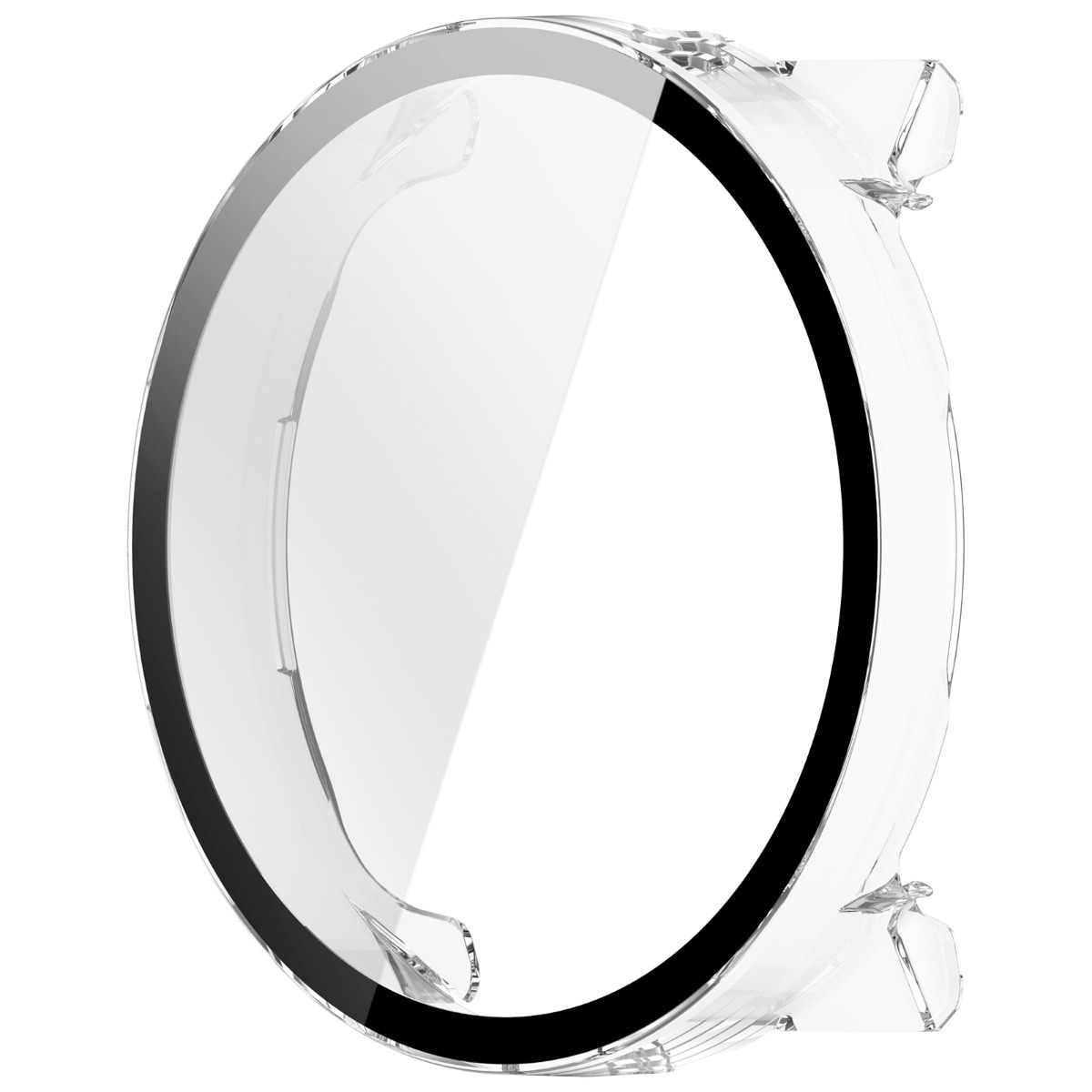 Protezione trasparente per orologio con bordo nero e linguette laterali.