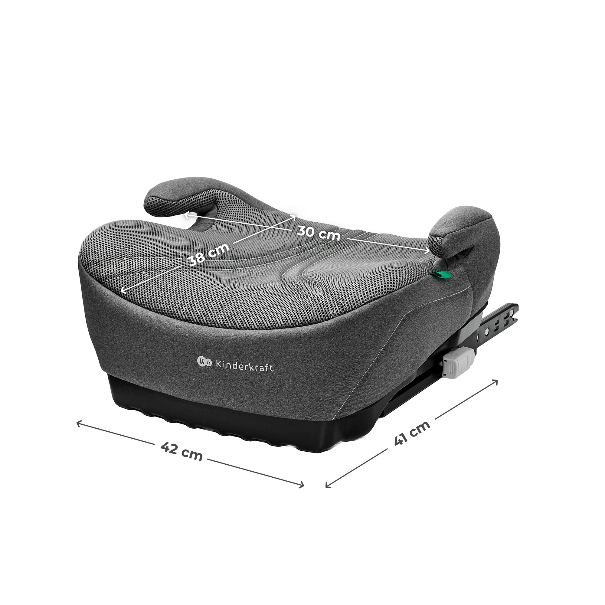 Grauer Kindersitz-Booster mit Maßangaben: 38cm, 30cm, 42cm, 41cm.