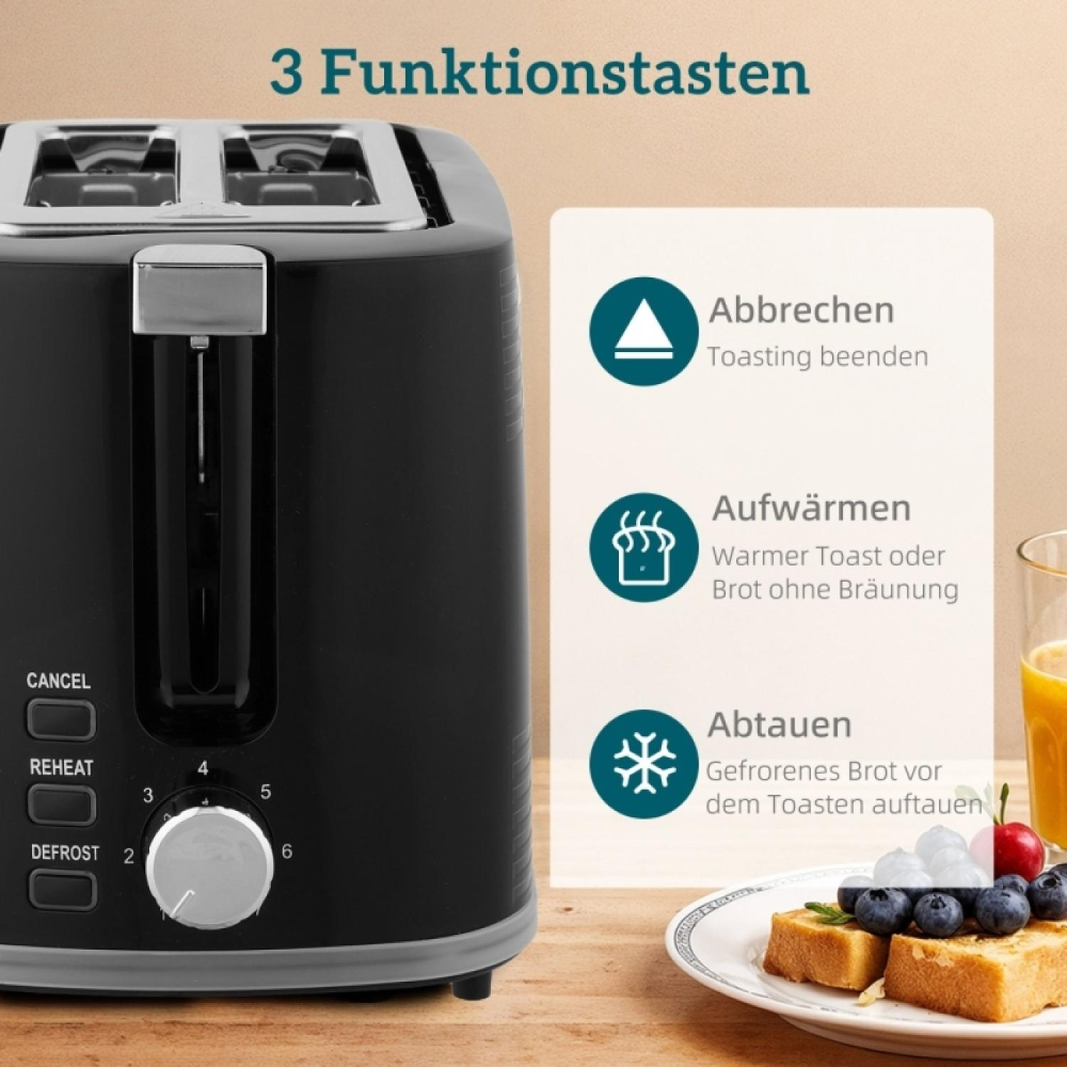 Schwarzer Toaster mit Toast, Beeren und Saft. Zeigt 3 Funktionstasten.