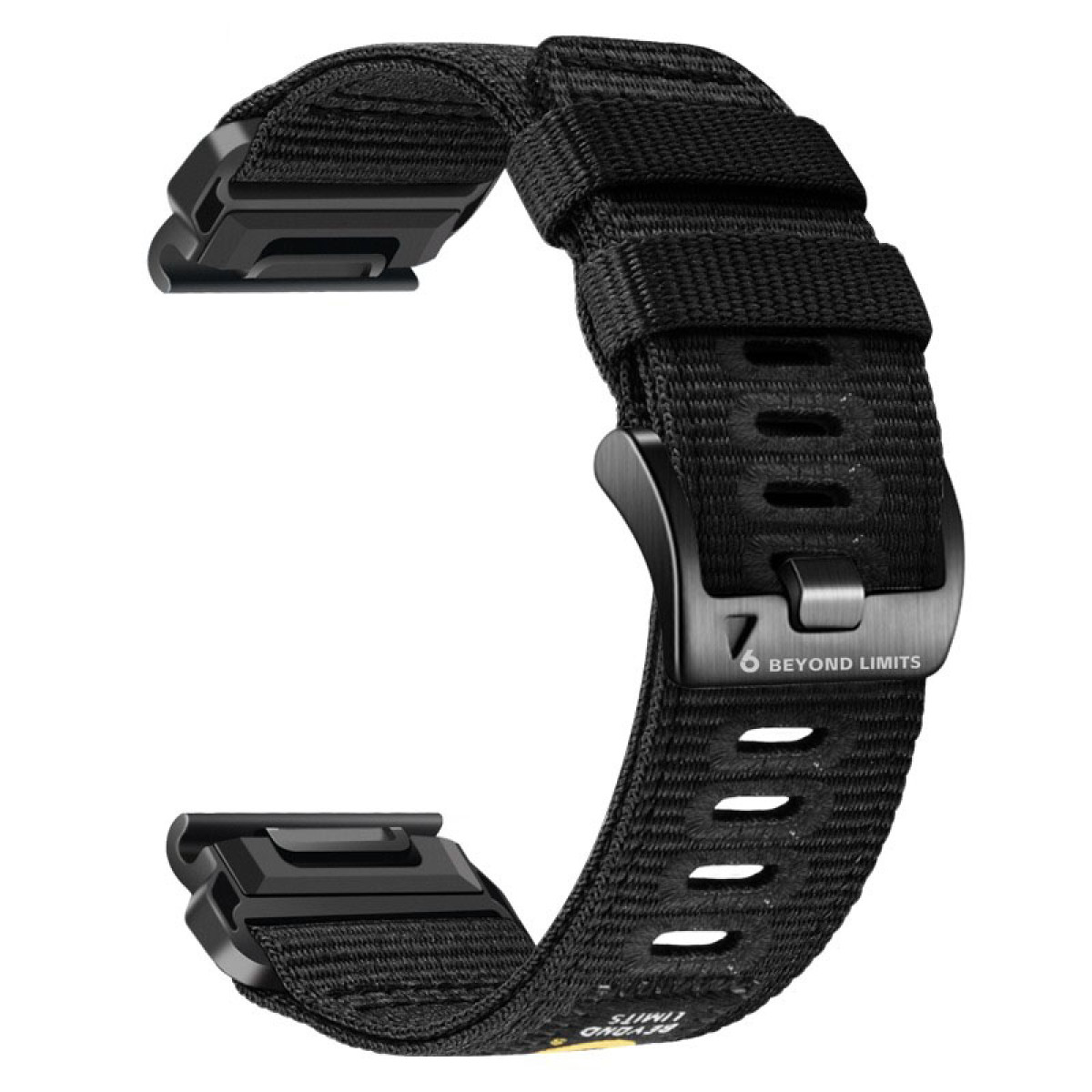 Schwarzes Stoffuhrenarmband mit schwarzer Schnalle und silbernem Logo.