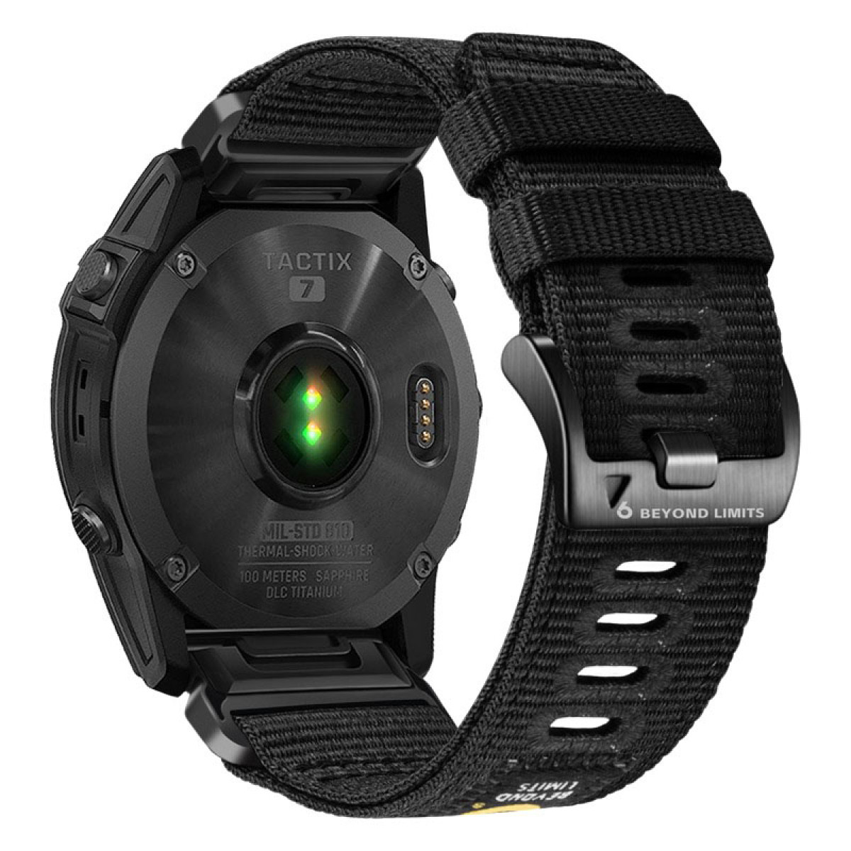 Schwarze Smartwatch mit Herzfrequenzsensor und Stoffarmband.