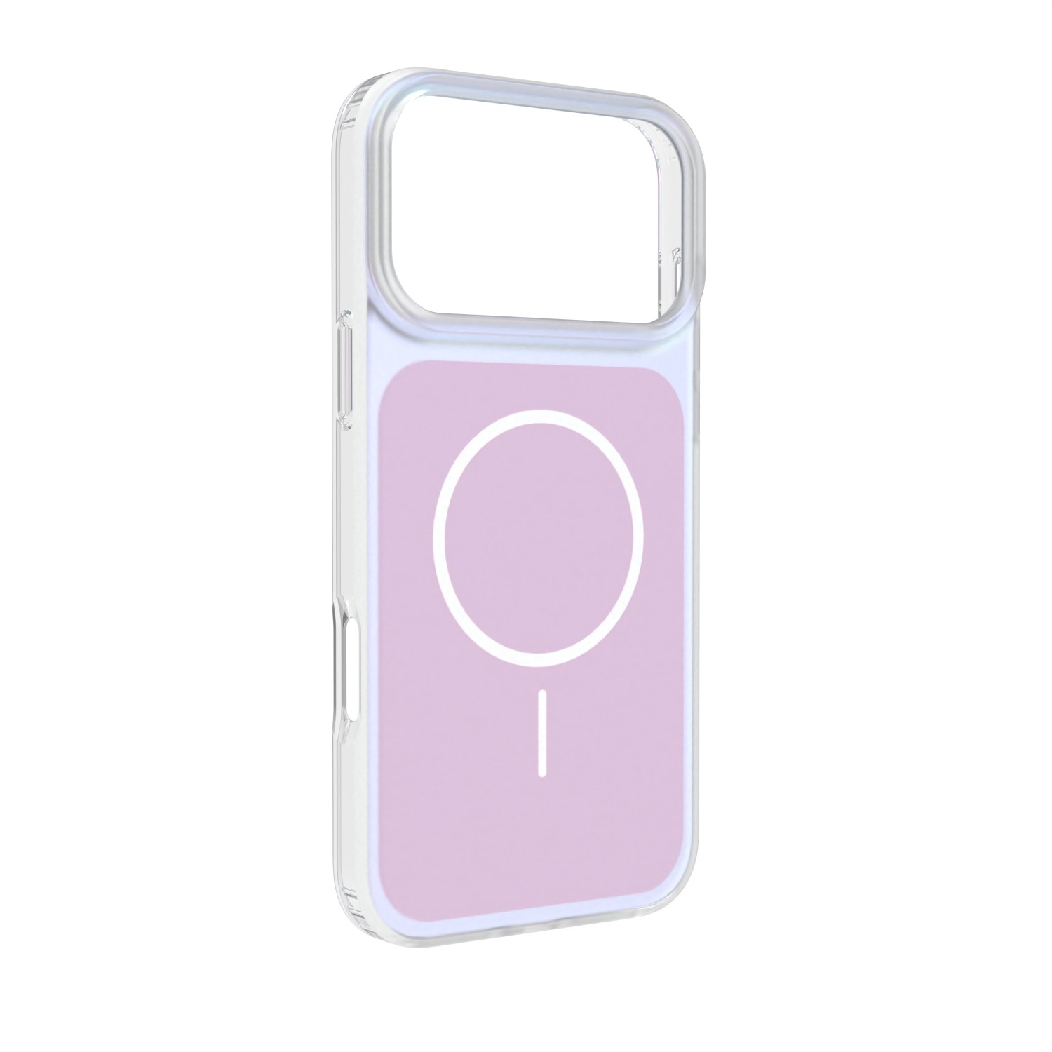 Una cover trasparente per telefono con retro viola chiaro e un'icona a cerchio bianco.