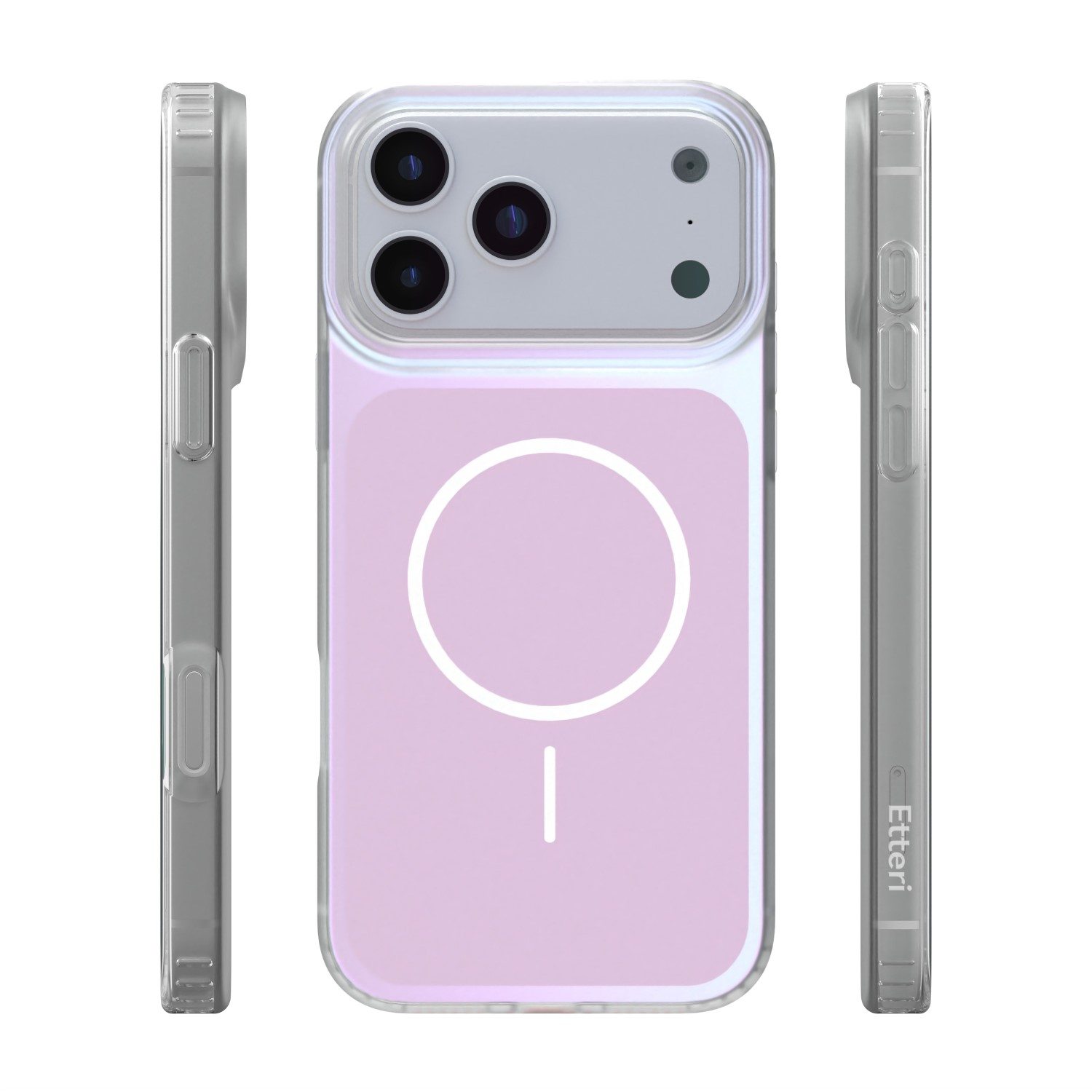 Una custodia per telefono trasparente con un motivo ad anello sul retro.