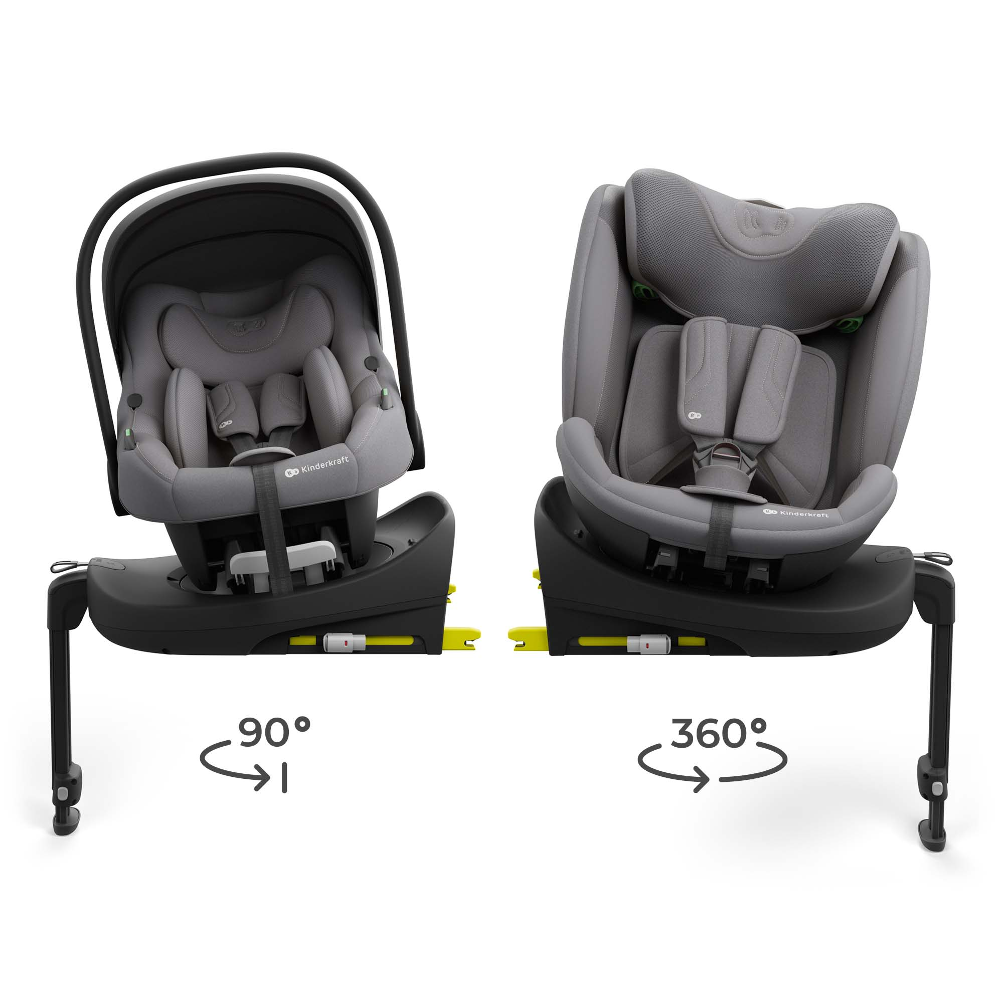 Grauer Kindersitz mit Basis, 90° und 360° Drehung.