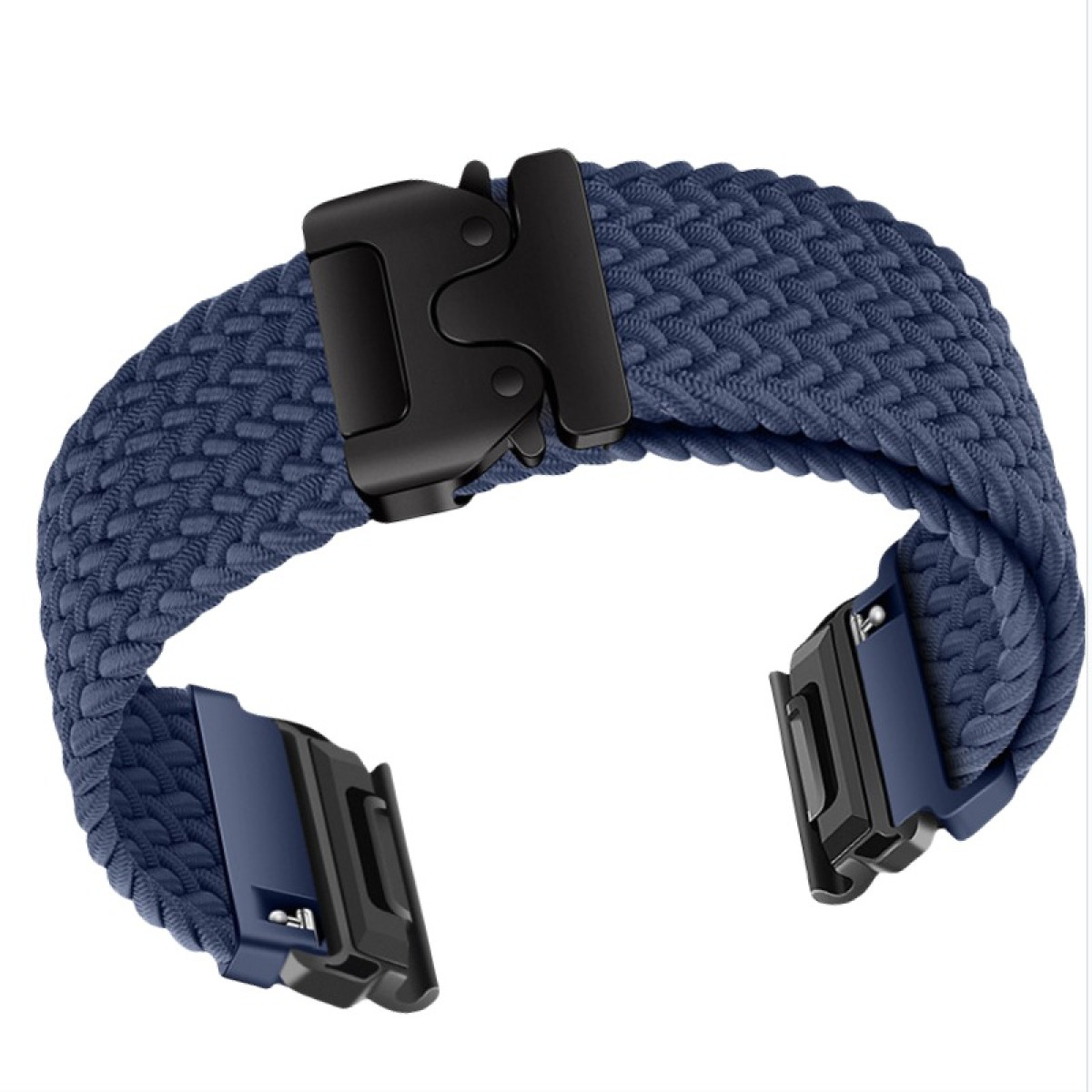Ein dunkelblaues, geflochtenes Uhrenarmband mit schwarzer Schnalle und Anschlüssen.