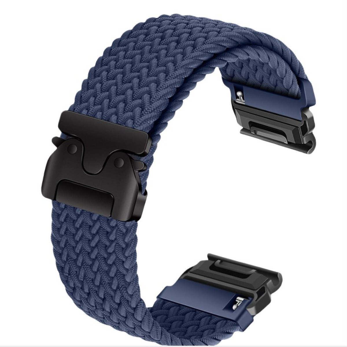 Ein dunkelblaues, geflochtenes Uhrenarmband mit schwarzer Schnalle.