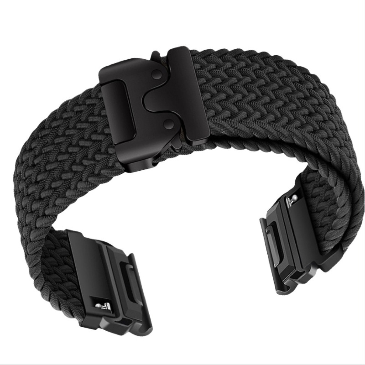 Schwarzes geflochtenes Uhrenarmband mit schwarzer Metallschnalle.