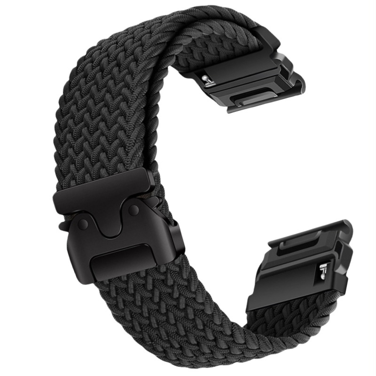 Schwarzes geflochtenes Uhrenarmband mit schwarzer Schnalle, auf weißem Hintergrund.
