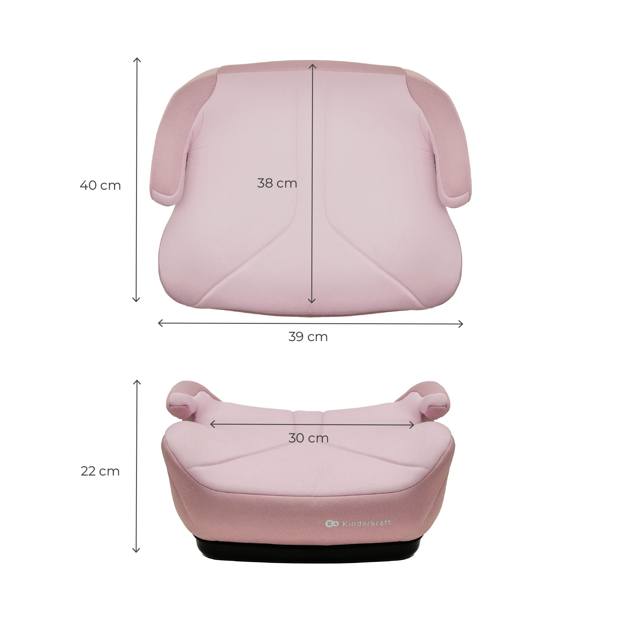Rosa Kindersitz-Erhöhung: Oben 38cm breit, 40cm hoch. Unten 30cm breit, 22cm hoch.