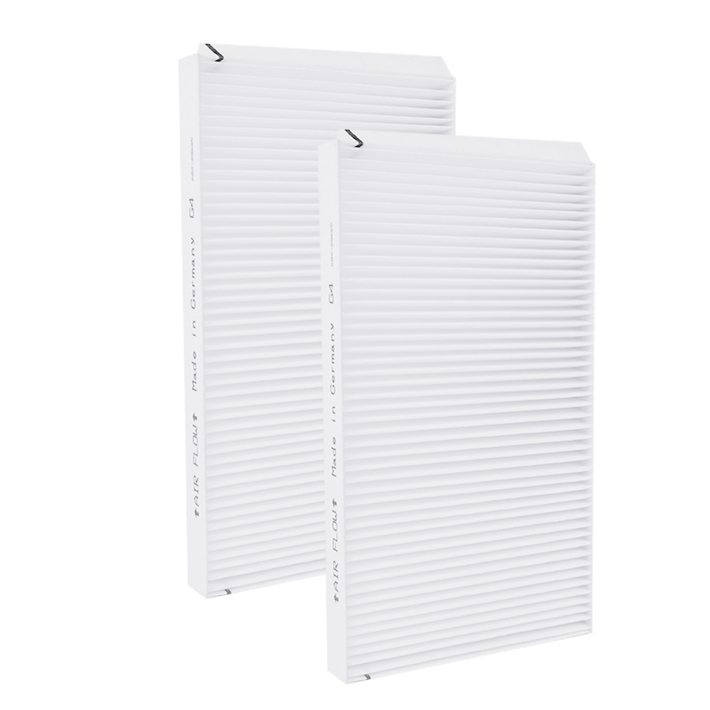 Zwei weiße Luftfilter mit "AIR FLOW" und "Made in Germany G4" Aufschrift.